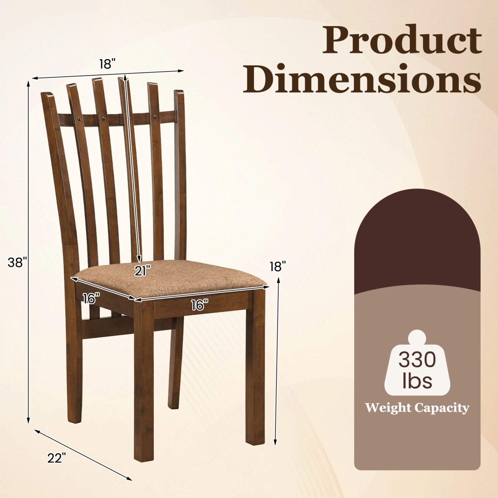 SUGIFT Rubber Wood Slat Back Kitchen Dining Chairs Set of 2 with Cushioned 18-in Seat 330-lb Capacity Walnut+Brown