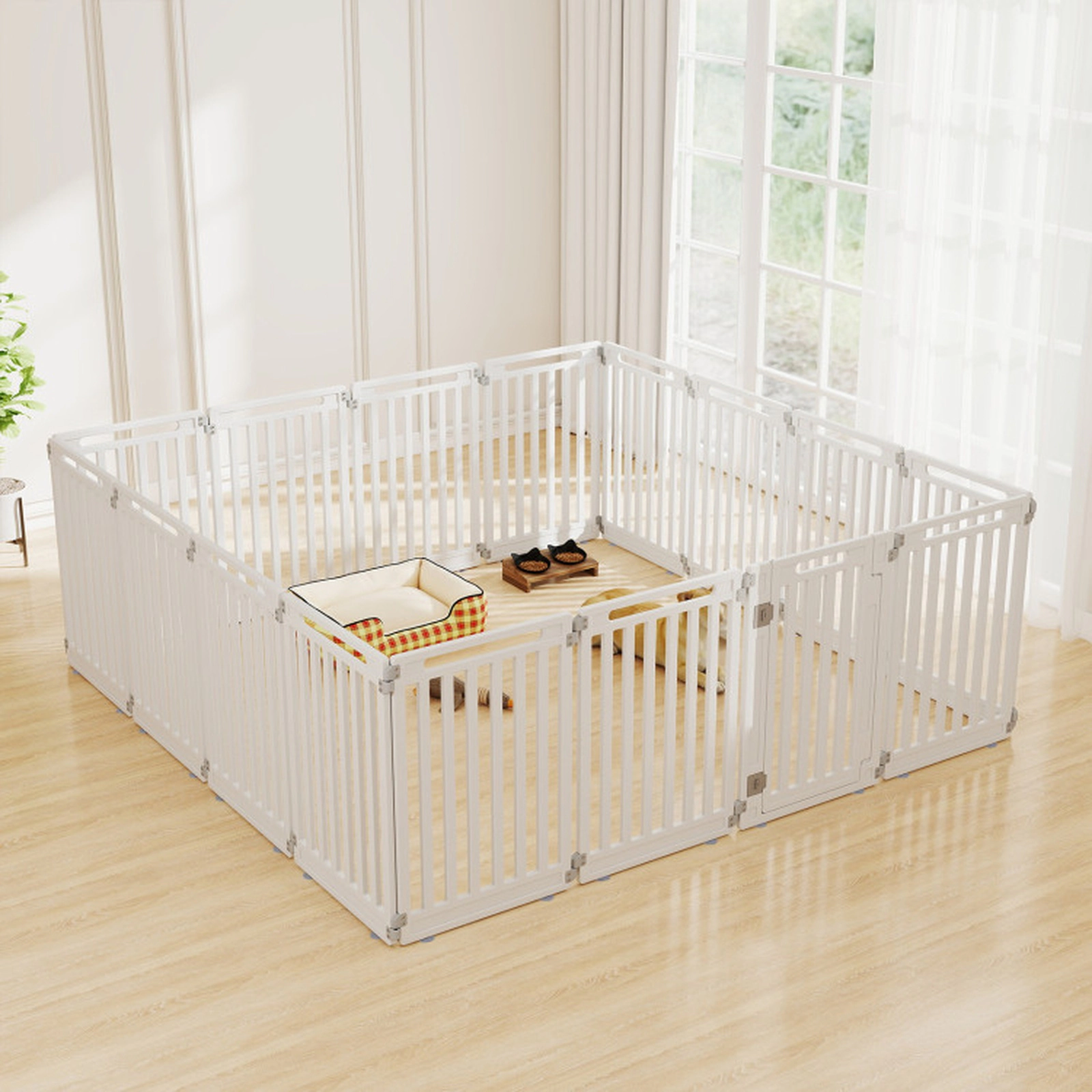 SUGIFT White Indoor Outdoor Pet Playpen with 16 Interlocking Panels and Ground Stakes 21-in W 31.5-in H