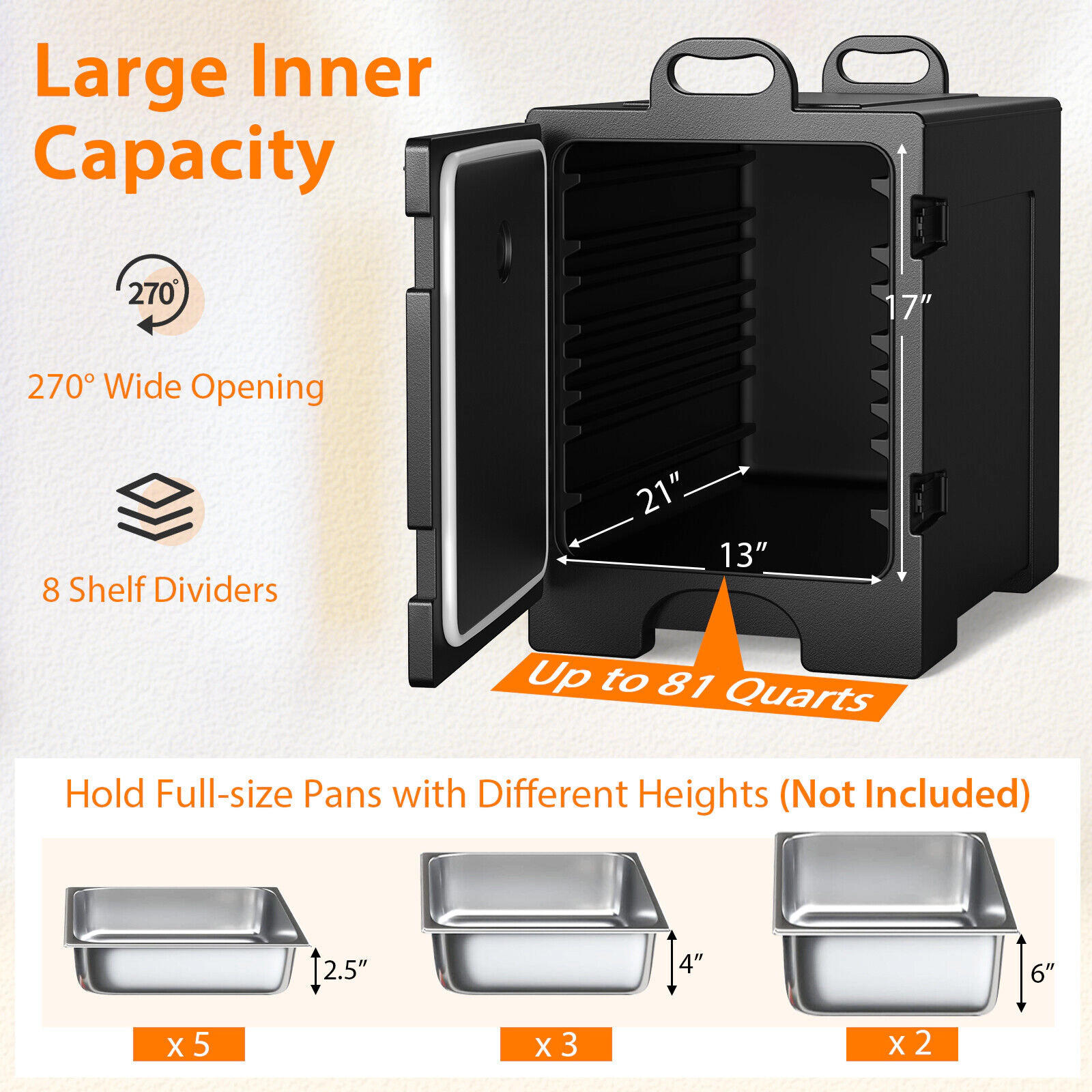 SUGIFT Set of 2 Stackable 81-Qt 8 Dividers 270-Degree Door Insulated Food Pan Carriers 24.5-in x 16.5-in x 29-in Black