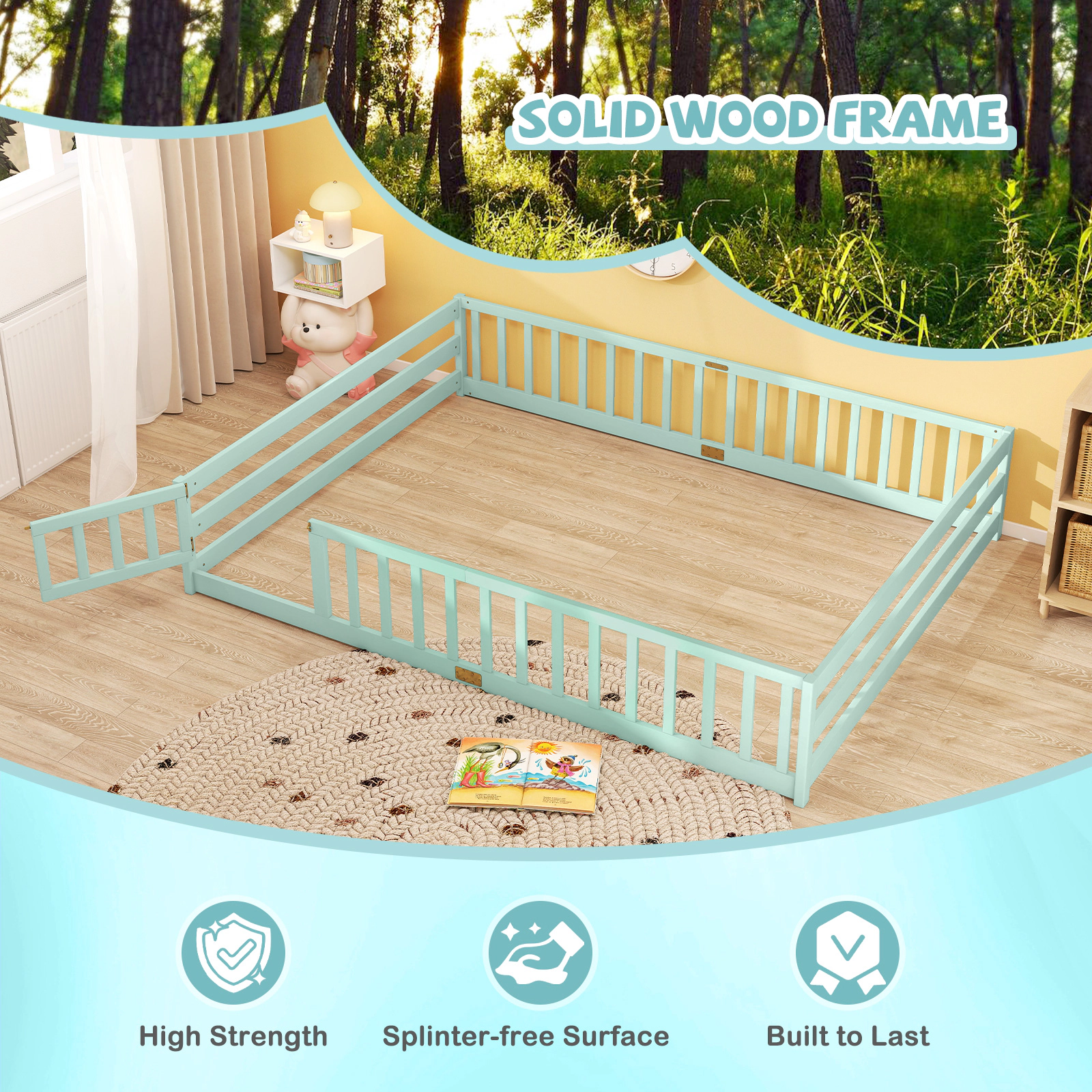 SUGIFT Queen Size Montessori Floor Bed Frame with Full-Length Safety Guardrails and Lockable Door Toddler Bed Green