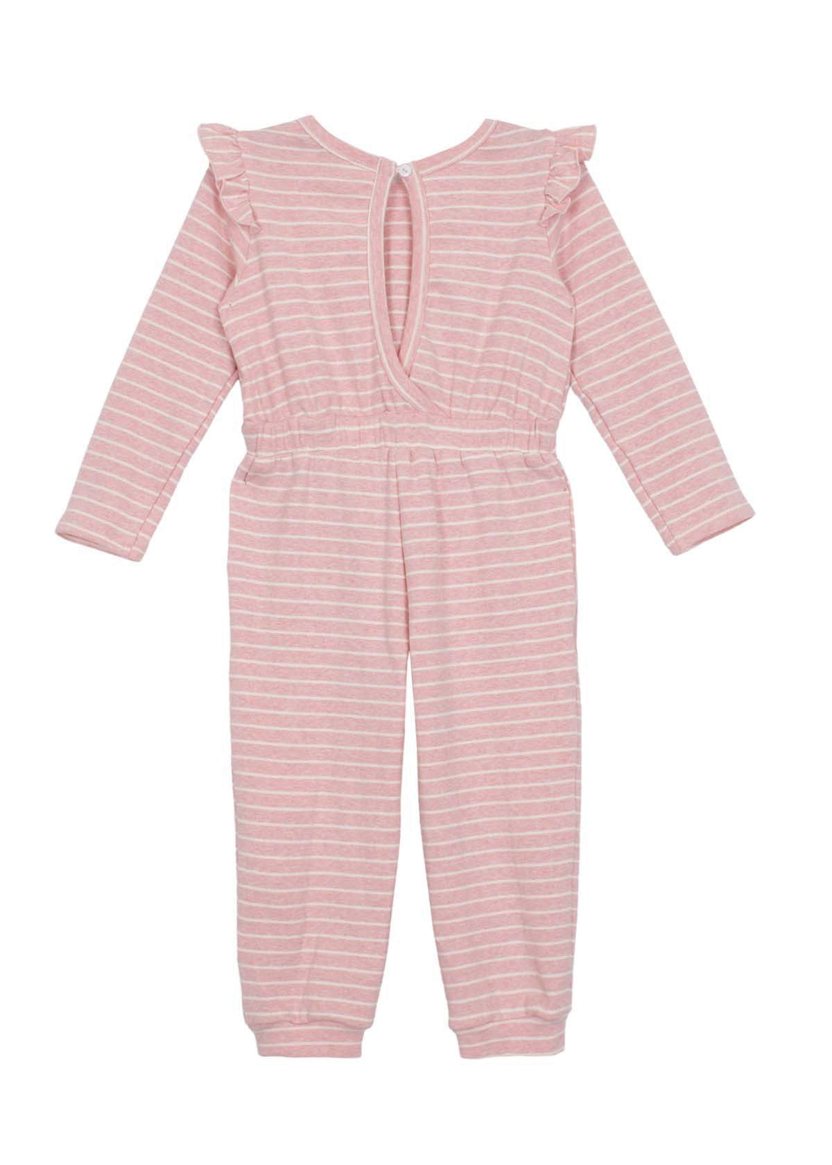 Mabel and Honey Jada Knit Romper - Long Sleeve Ruffle Shoulder Striped Jumpsuit