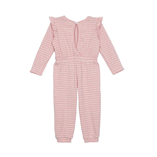 Mabel and Honey Jada Knit Romper - Long Sleeve Ruffle Shoulder Striped Jumpsuit