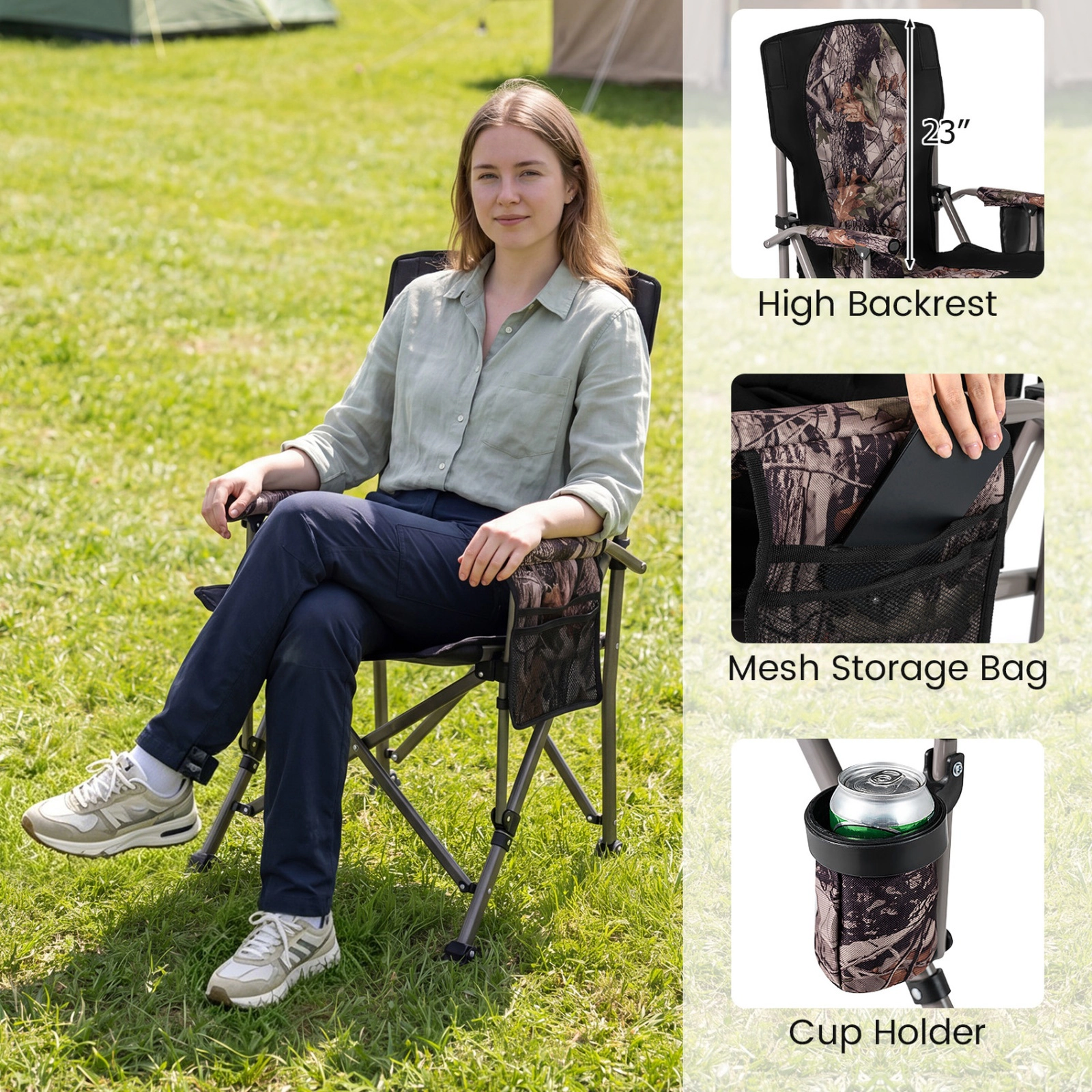 SUGIFT 400-lb Capacity Tall High Back Folding Camping Chair with Cup Holder Mesh Pocket and Carry Bag