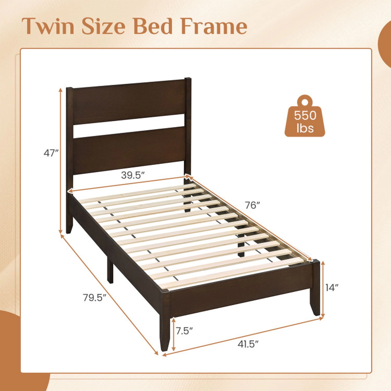 SUGIFT Dark Walnut Panel Headboard Solid Wood Legs and 12 Slats Twin Size Wooden Bed Frame