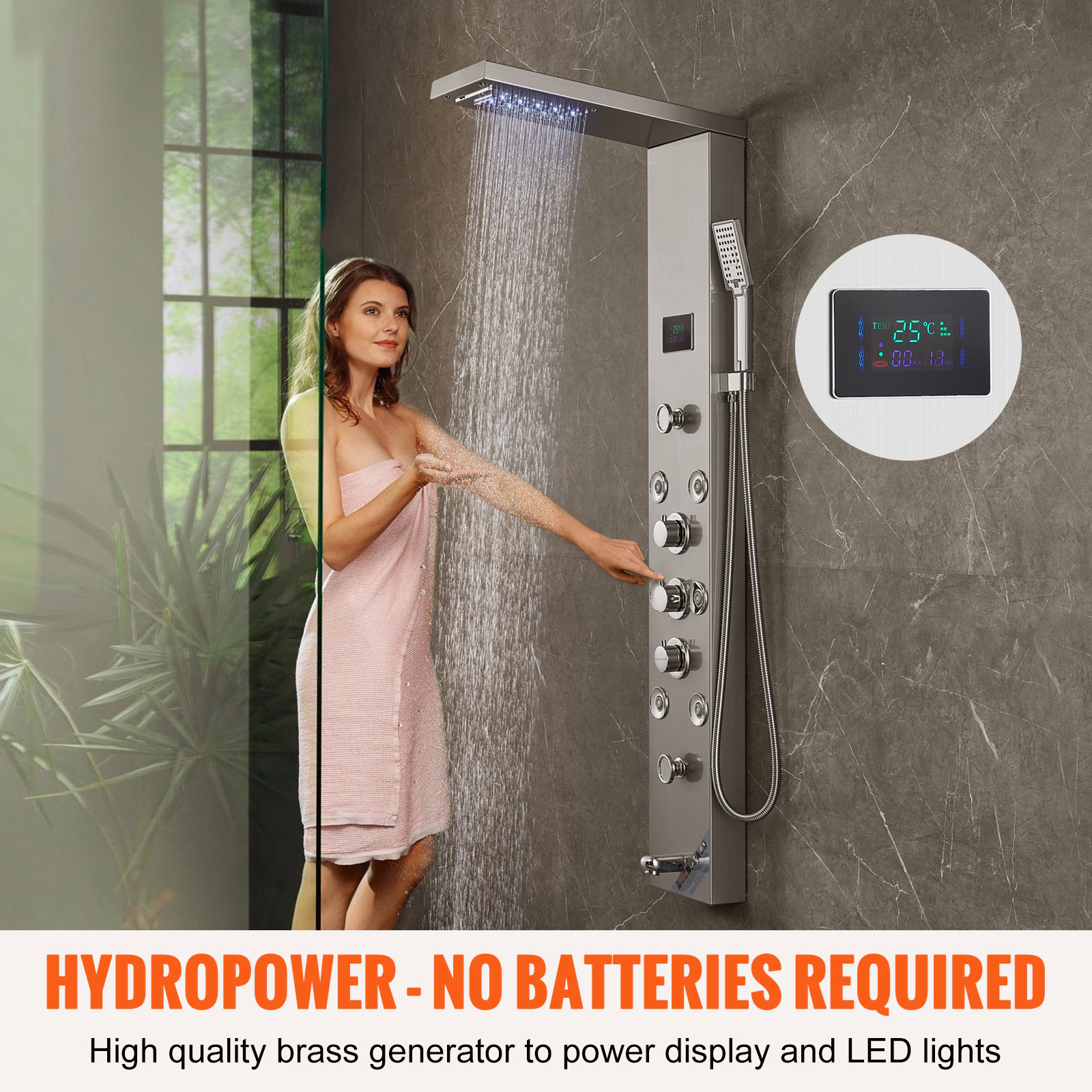 HONGGE 6-Mode LED Shower Tower Panel, Rainfall, Waterfall & 5 Massage Jets