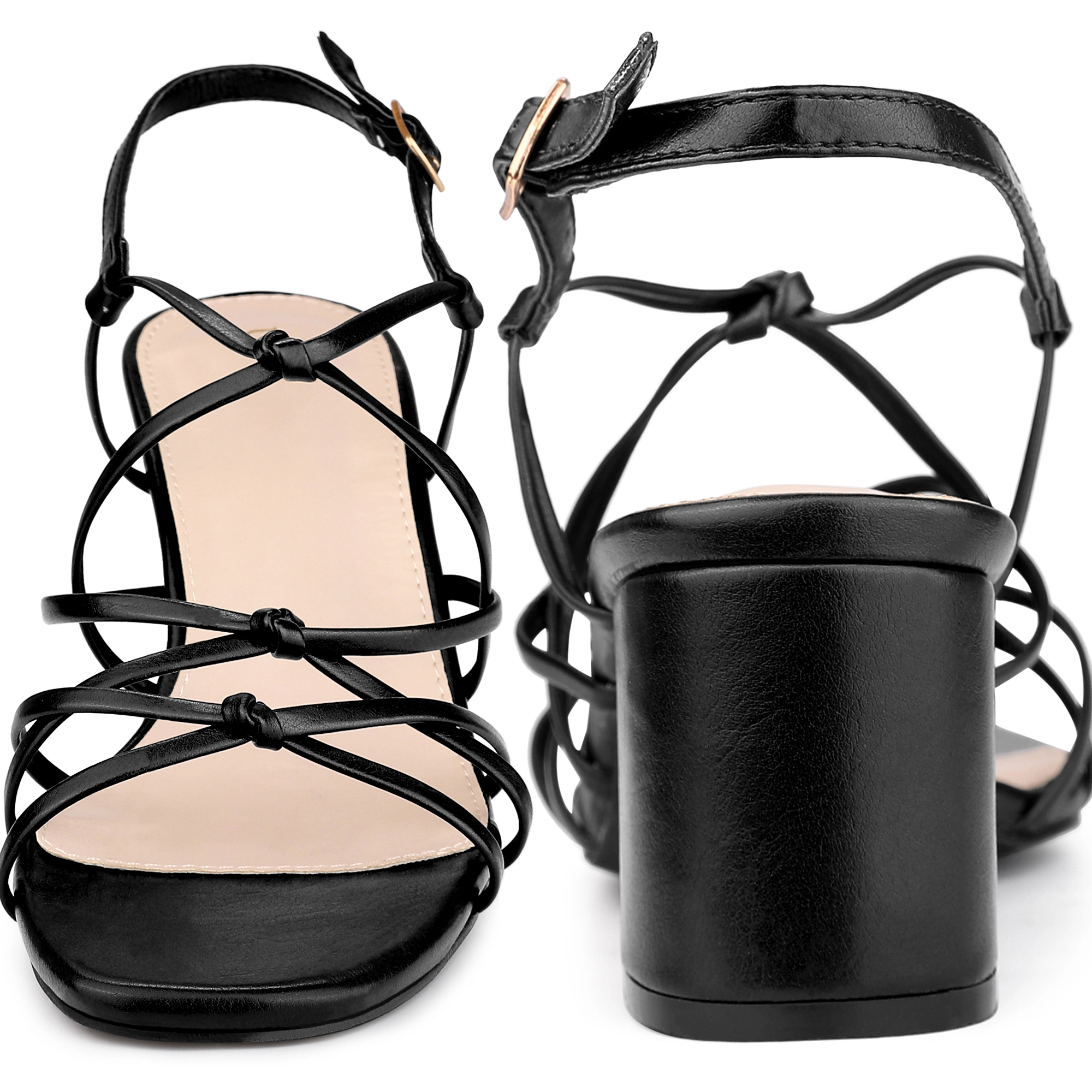 BLISSFUL STEP Women's Square Toe Knots Ankle Strap Chunky Heels Sandals