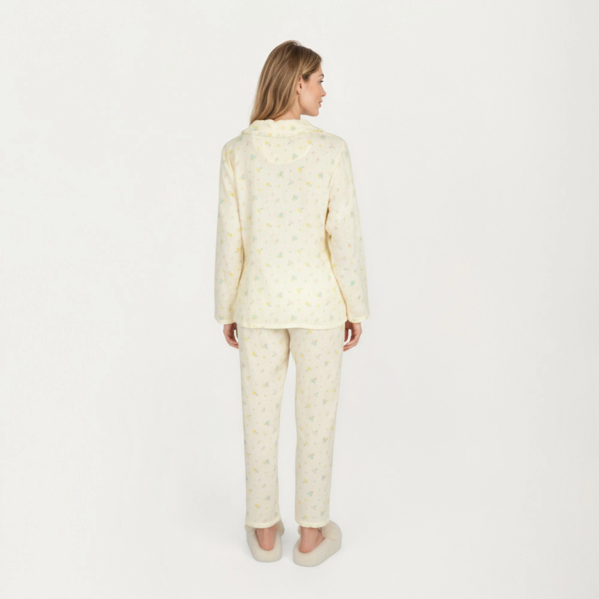 Anna-Kaci Women's 2-Piece Button Front Pajama Top with Ruffled Collar and Relaxed Fit Pants