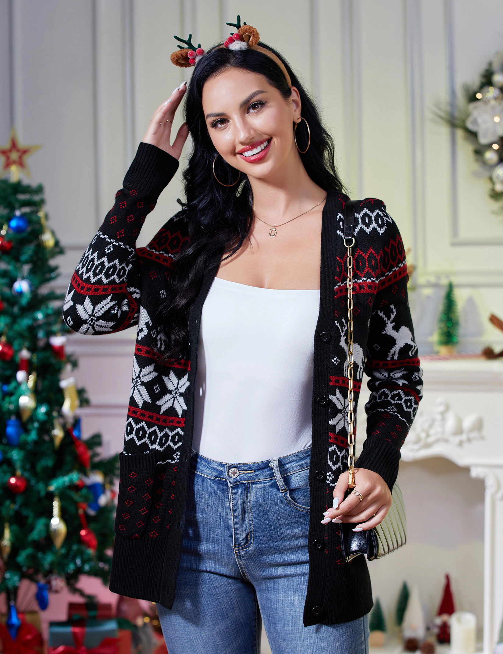 KOJOOIN Women's Cardigan V-Neck Knit Sweater with Snowflake Reindeer Pattern Casual Holiday Top