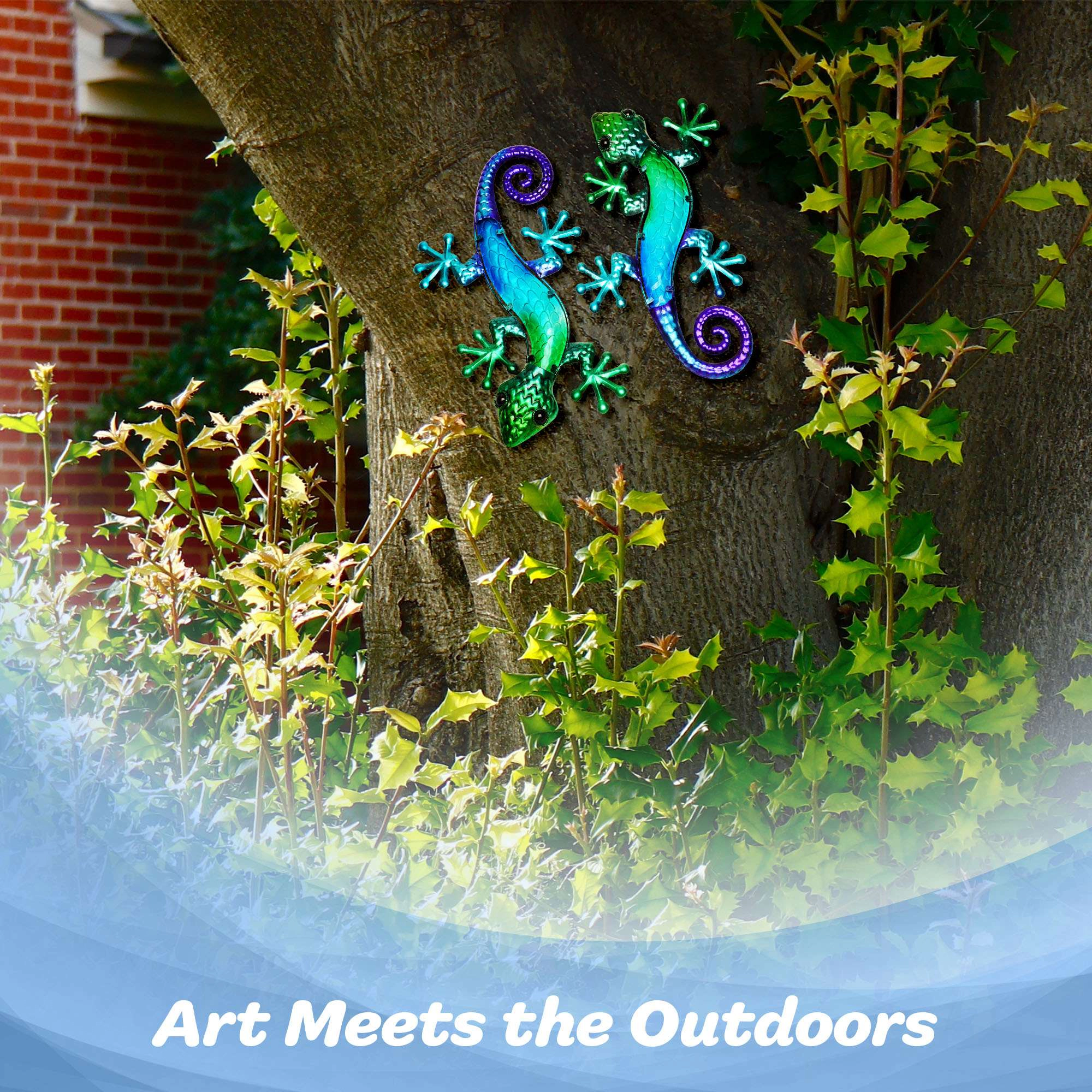 G128 Green Blue Metal Gecko Wall Art Set of 2