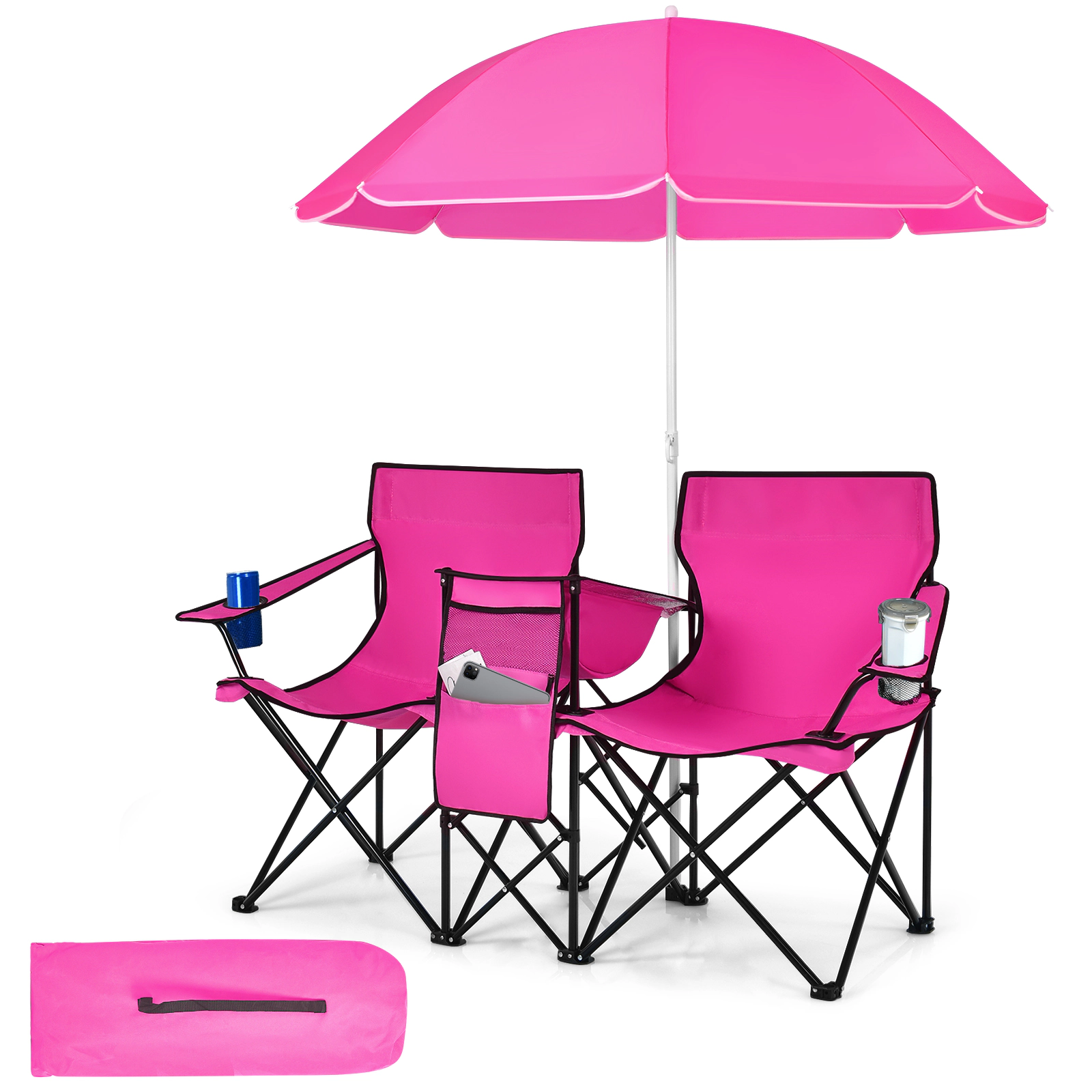 SUGIFT Portable Folding Picnic Double Chair with Umbrella and Cooler Bag 270-lb Capacity per Seat 600-lb Total Pink