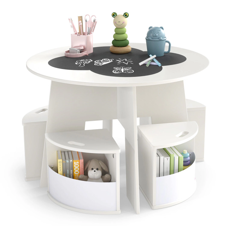Hivvago 5 Pcs Kids Table And Chair Set With Storage Stools For Activity-White