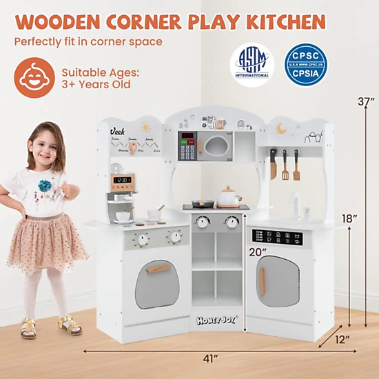 Hivvago Corner Wooden Play Kitchen with Coffee Machine and Slide for Kids