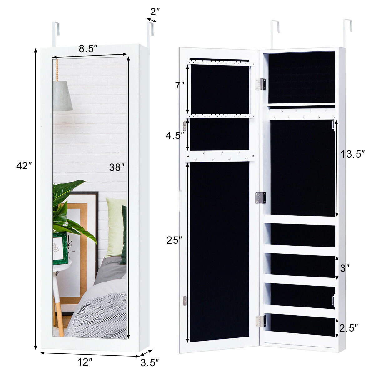 Glintex Compact Jewelry Cabinet with 38-Inch Mirror and Anti-Sway Sticker, White