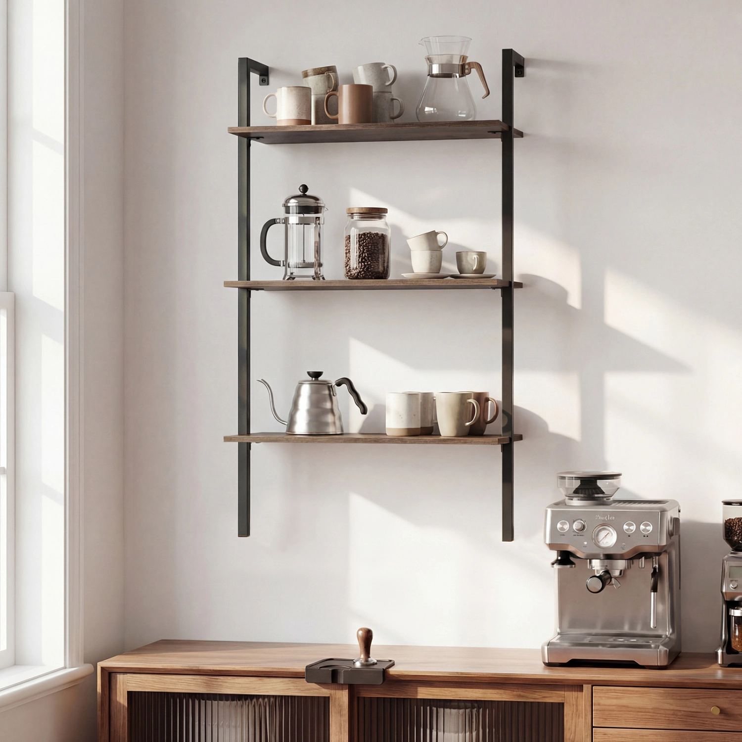 LJG 3-Tier Modern Wall Mounted Shelves Wooden Floating Shelving Unit Metal Ladder Bookshelf