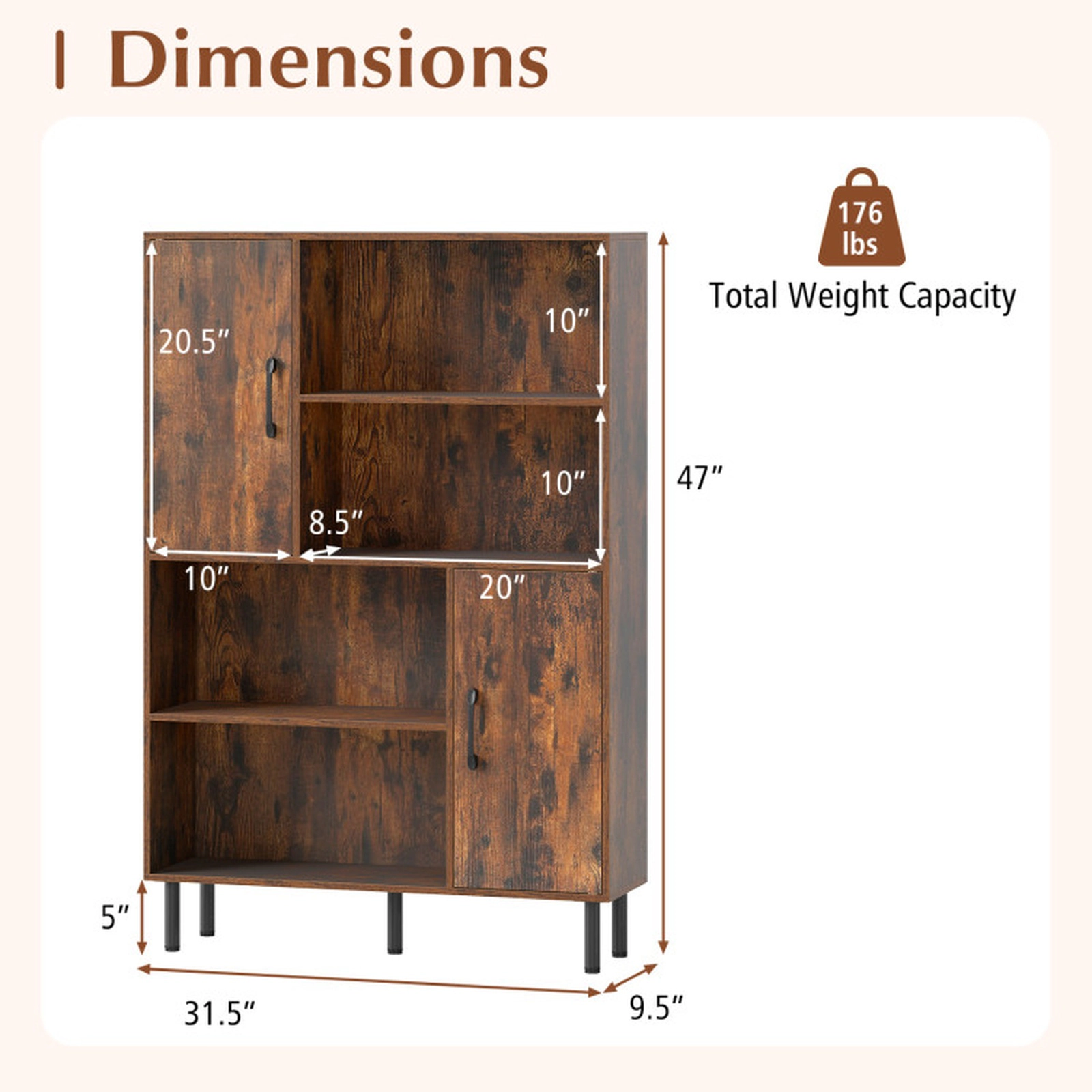 SUGIFT 47-in Storage Cabinet Freestanding Bookcase with 2 Doors 4 Open Shelves 176-lb Capacity Rustic Brown