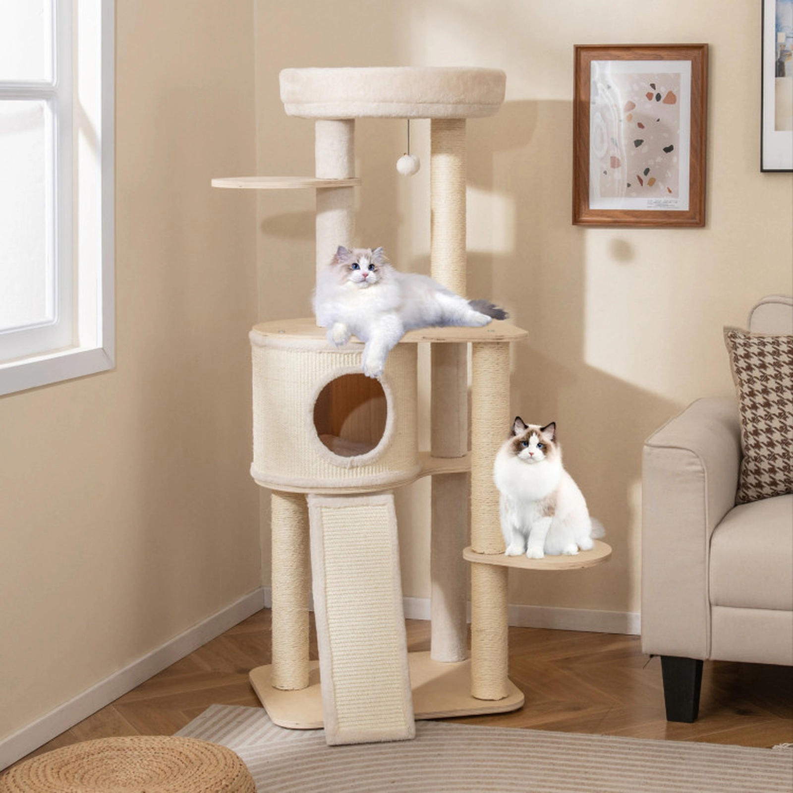 SUGIFT 56-in Natural Birch Plywood Cat Tree with Washable Condo Cover 20-in Padded Perch and Ladder