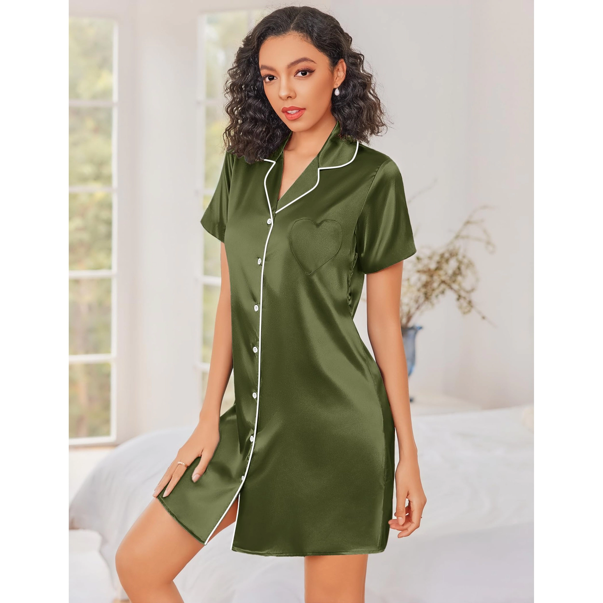 Ekouaer Silk Nightgowns for Women Button Down Nightshirts Short Sleeve Sleepshirts  Nightdress