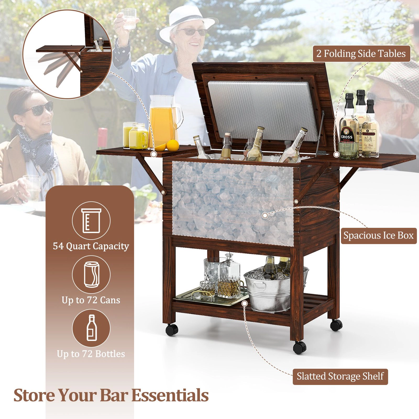 SlickBlue 54 Quart Wooden Patio Cooler Cart with Wheels and Storage Shelves