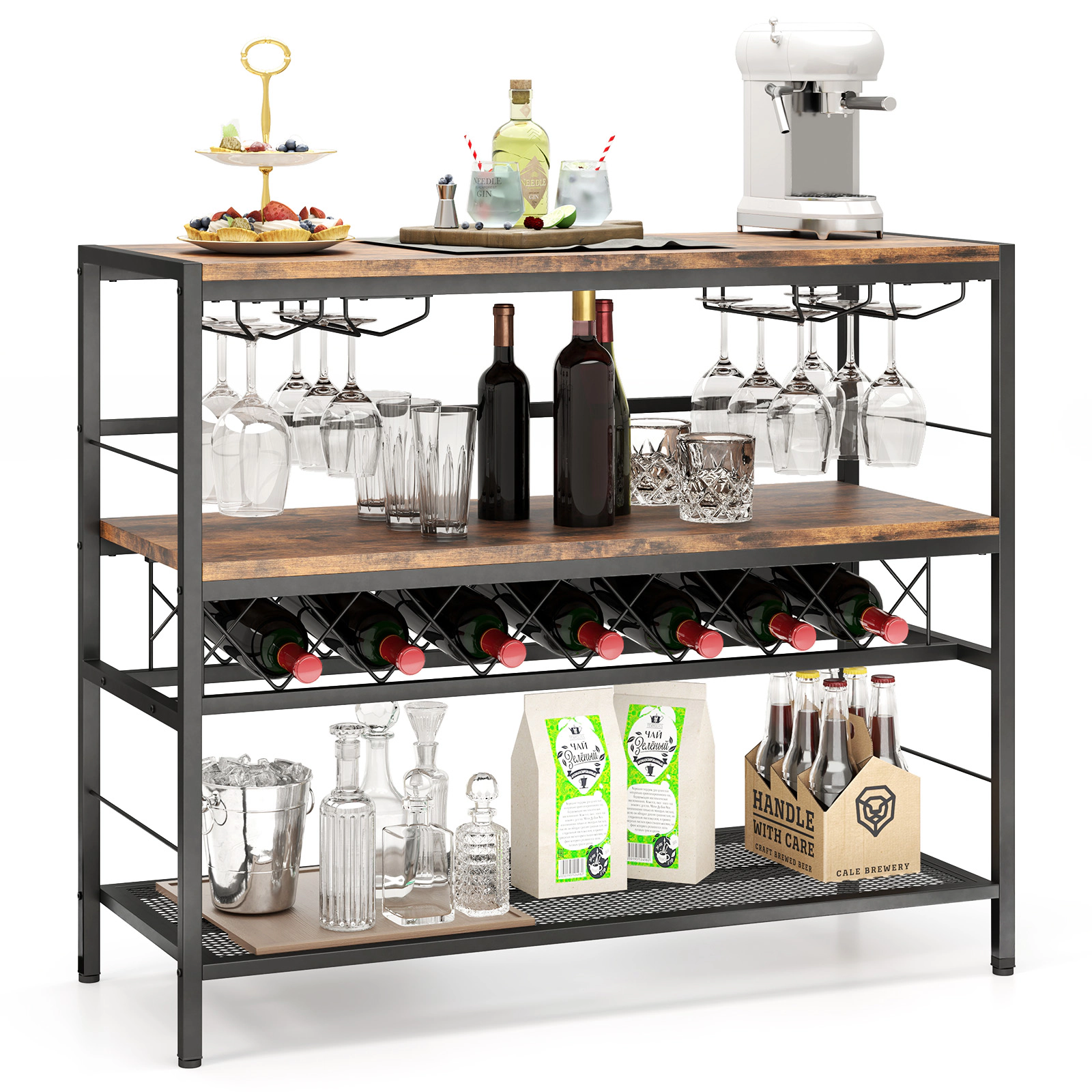 SUGIFT Rustic Brown 41-in 4-Tier Bar Table with Wine Rack Mini Bar Cabinet for 7 Bottles and 16 Glasses