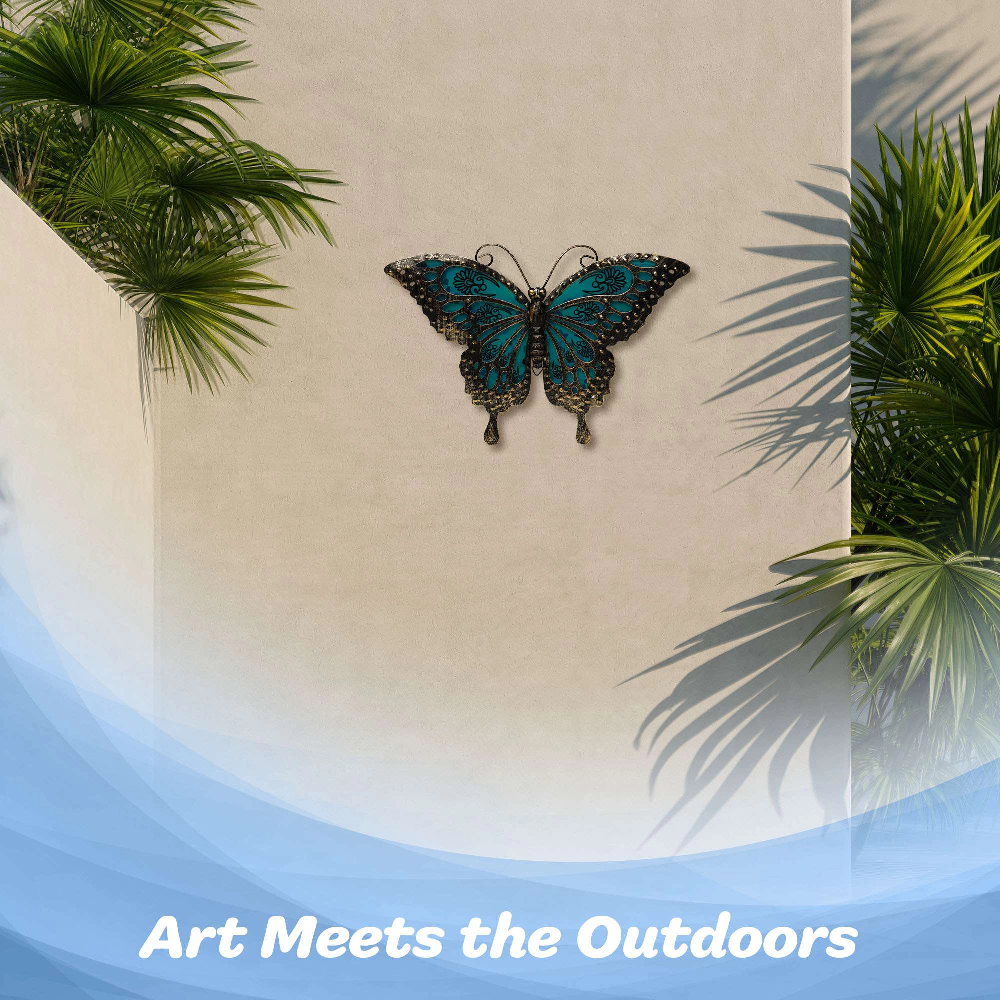 G128 Hand-Painted Iron Butterfly Wall Art - Black and Green 12 x 9 in, Indoor Outdoor Hanging Decor