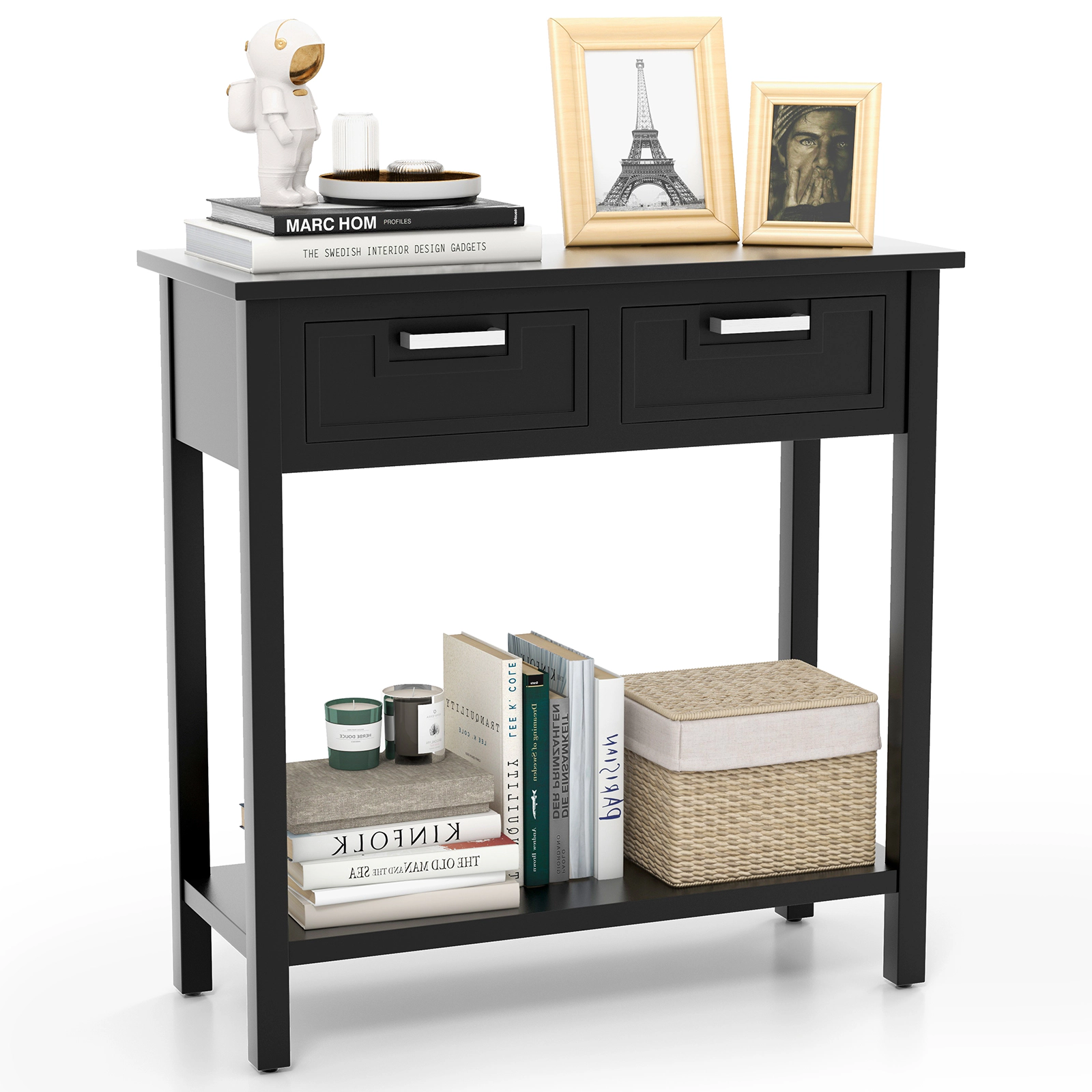 SUGIFT 31.5-in 110-lb Capacity Black Solid Wood Leg Console Sofa Table with 2 Drawers and Bottom Shelf