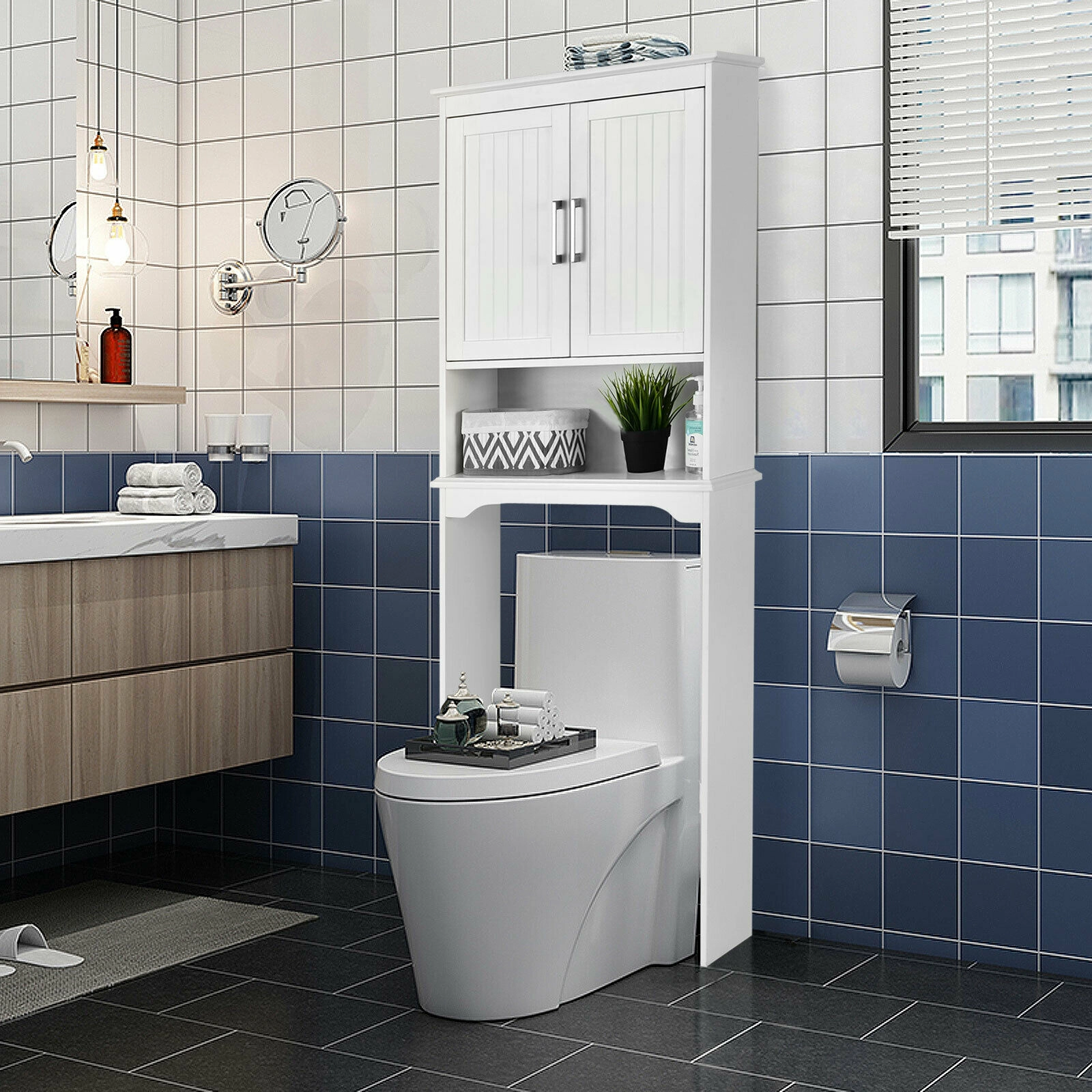 SUGIFT Over Toilet Space Saver White Bathroom Organizer with Storage Cabinet and Open Compartment
