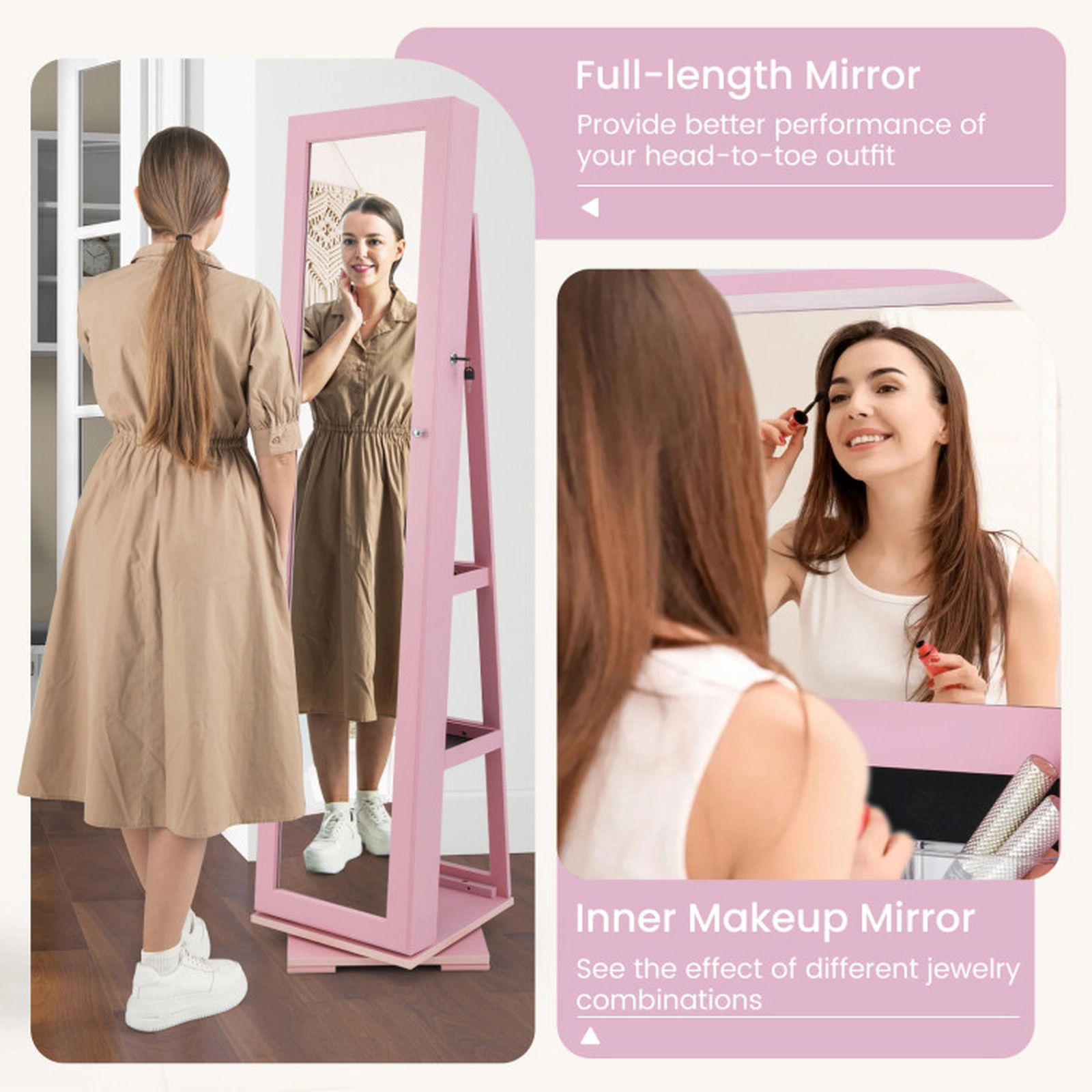 SUGIFT 2-in-1 Pink Lockable Jewelry Cabinet with 57-in Full-Length Mirror Rotating Base and Anti-Rust Hooks