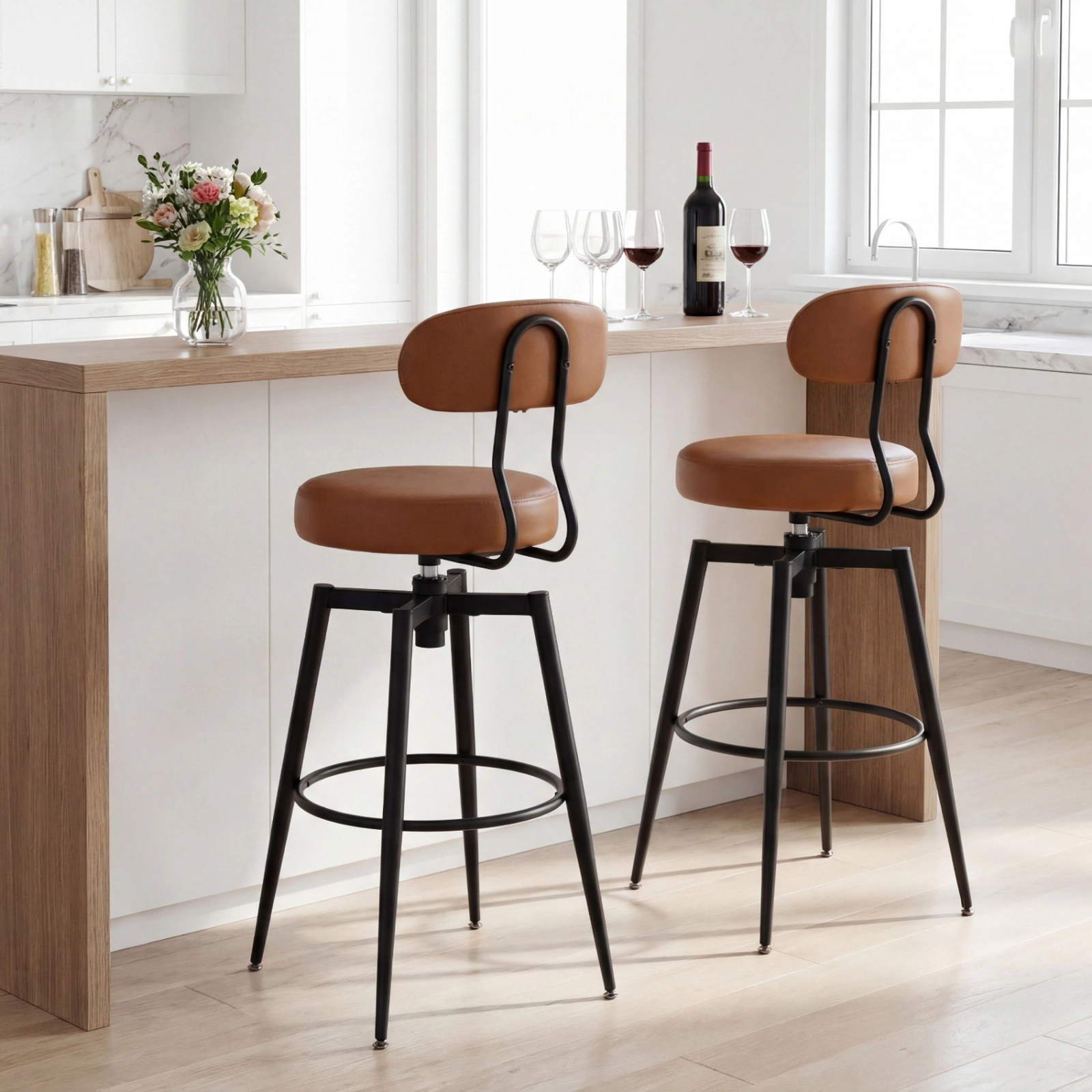 SUGIFT Set of 2 360° Swivel Bar Height Faux Leather Upholstered Bar Stools 330-Lb Capacity 30-in Seat Brown