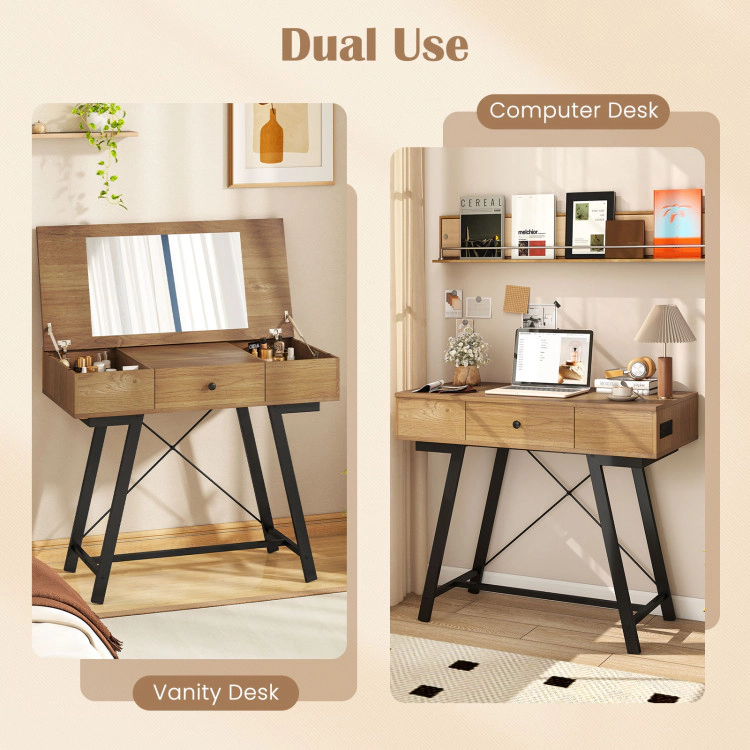 Hivvago Vanity Desk With Flip Top Mirror Makeup Dressing Table-Rustic Brown
