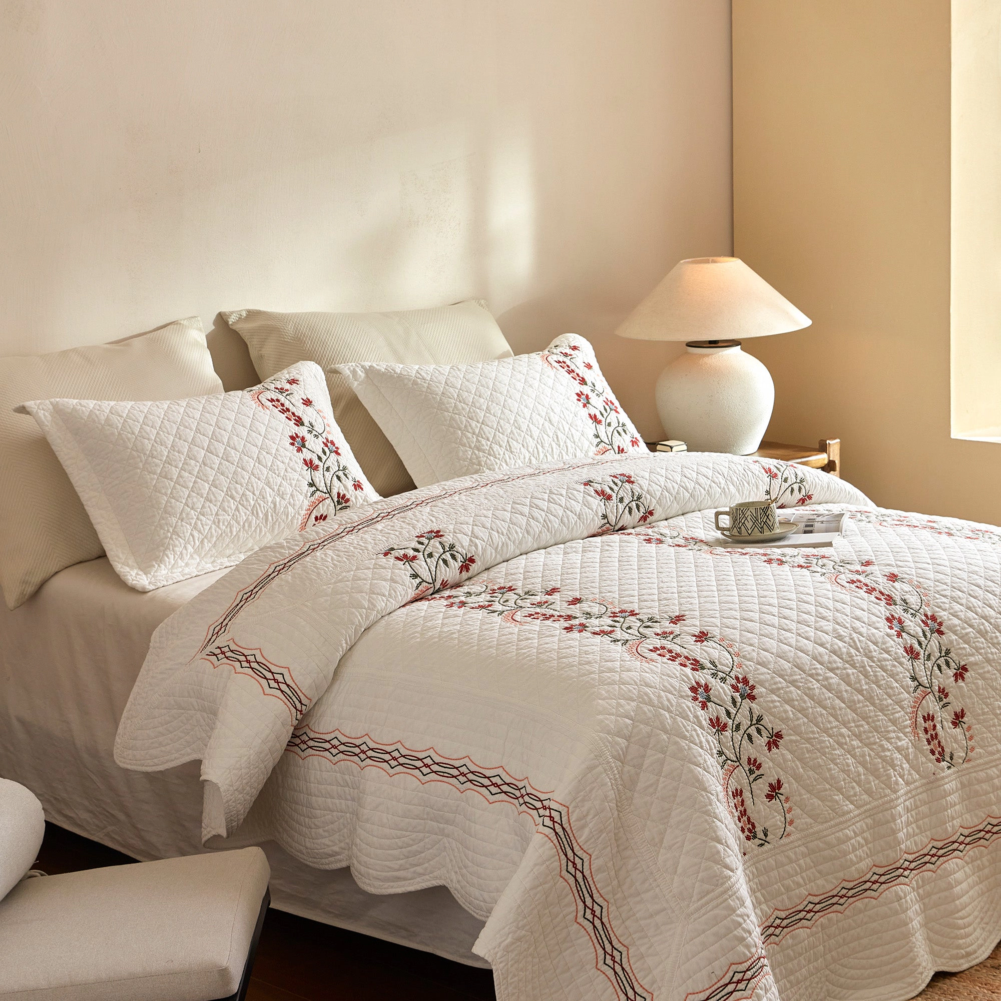 MarCielo 3 Piece 100% Cotton Embroidered Quilt Set – Farmhouse Bedspread Set