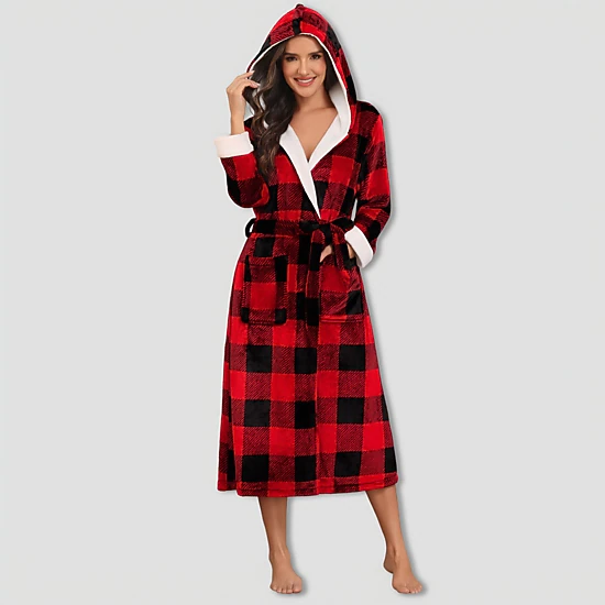 Ekouaer Plush Robe Womens Long Sleep Robe Jacquard Fluffy Bathrobe Lapel Fleece Lounge Robes