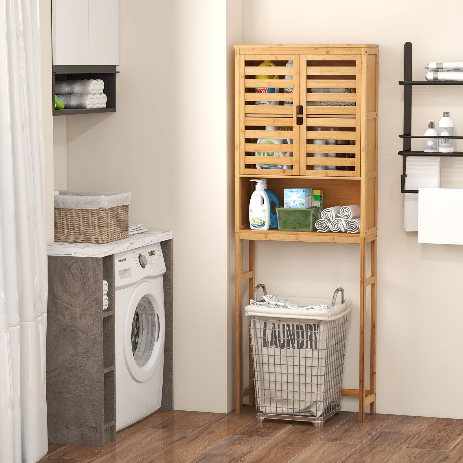 SUGIFT Natural Bamboo Over the Toilet Storage Cabinet with Adjustable Shelf 24.5-in W 9-in D 67-in H