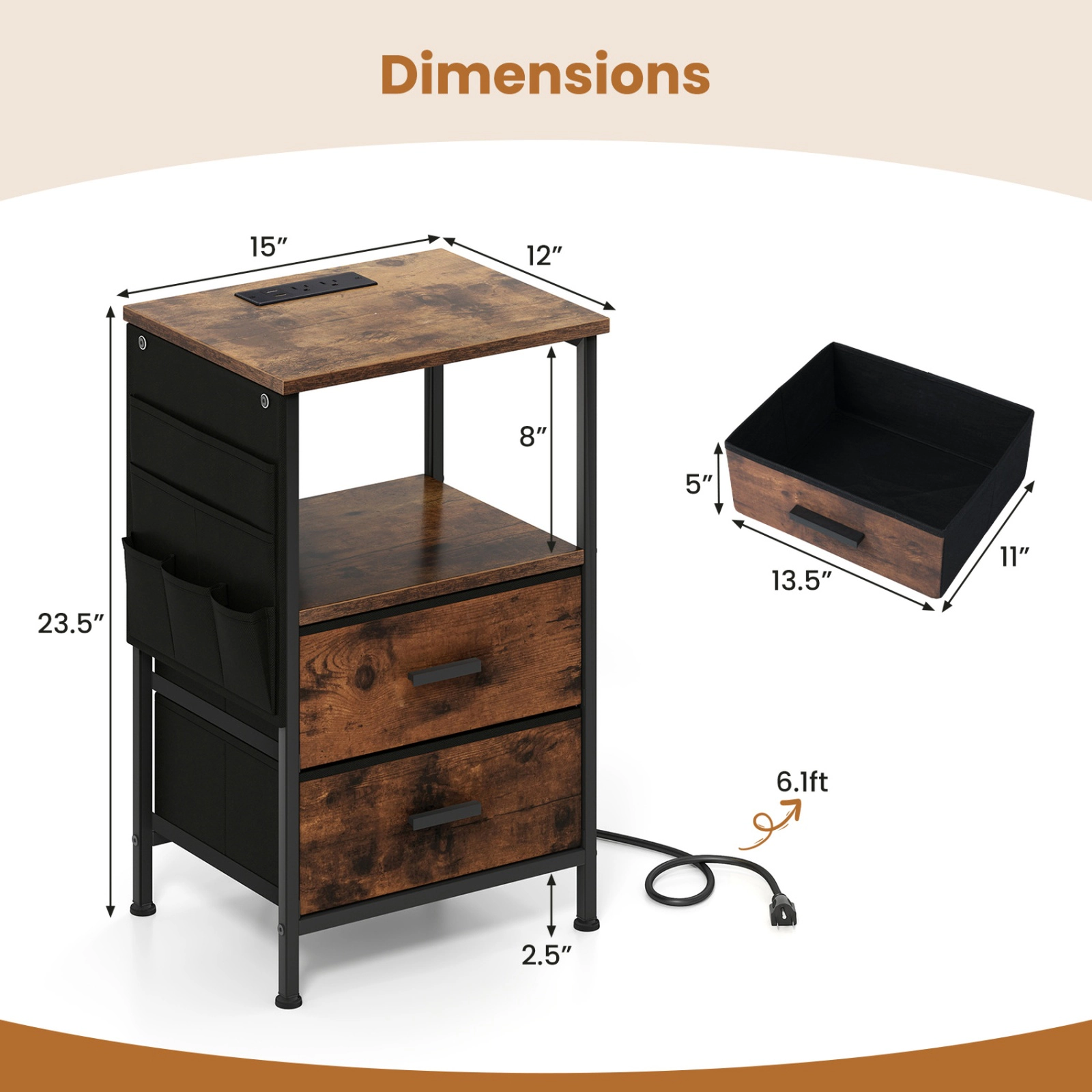 SUGIFT End Table Nightstand with Charging Station 110-lb Tabletop Capacity 45-lb Shelf 11-lb Drawer Rustic Brown + Black