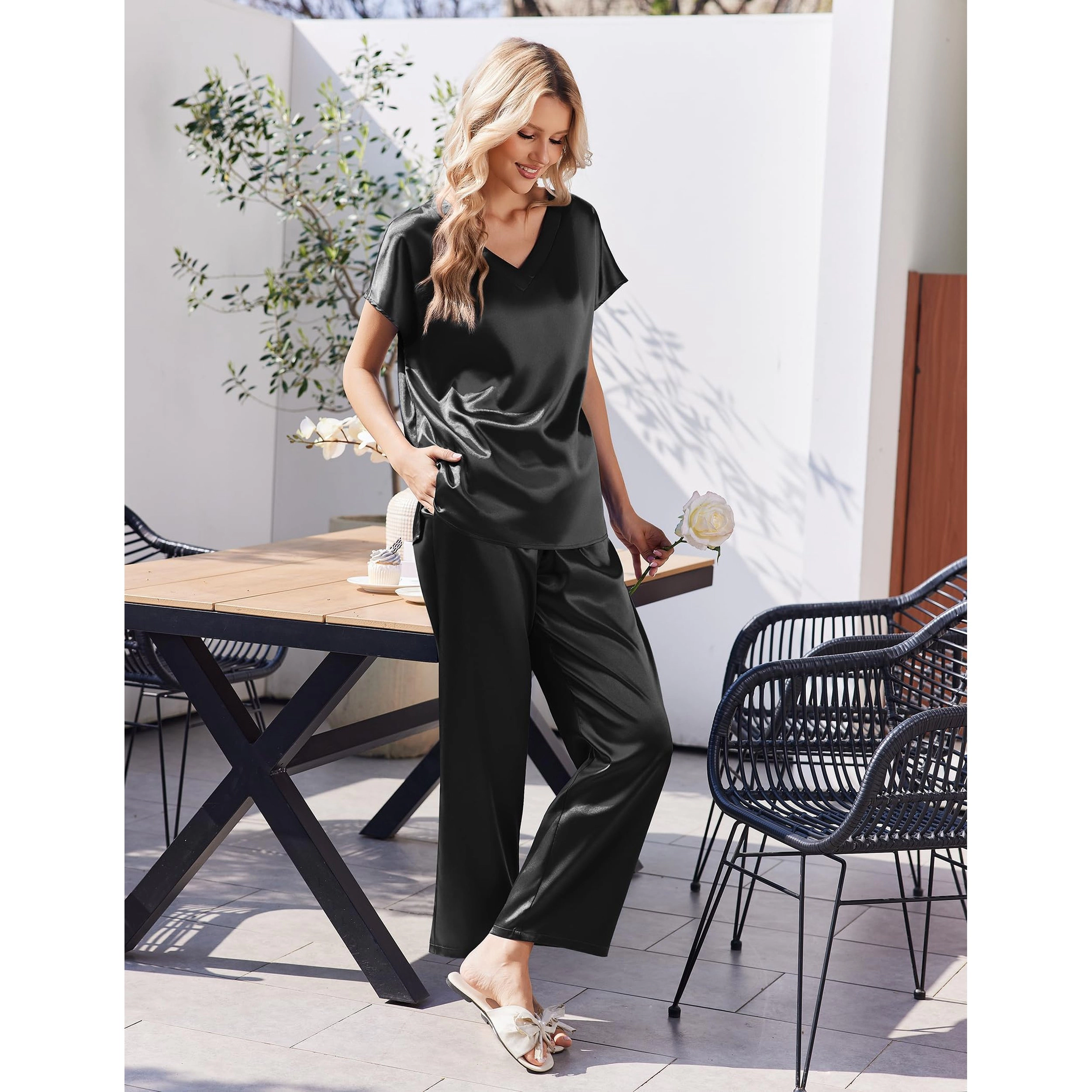 Ekouaer Silk Pajamas for Womens Two Piece Satin Cap Short Sleeve V Neck Shirt Long Pant