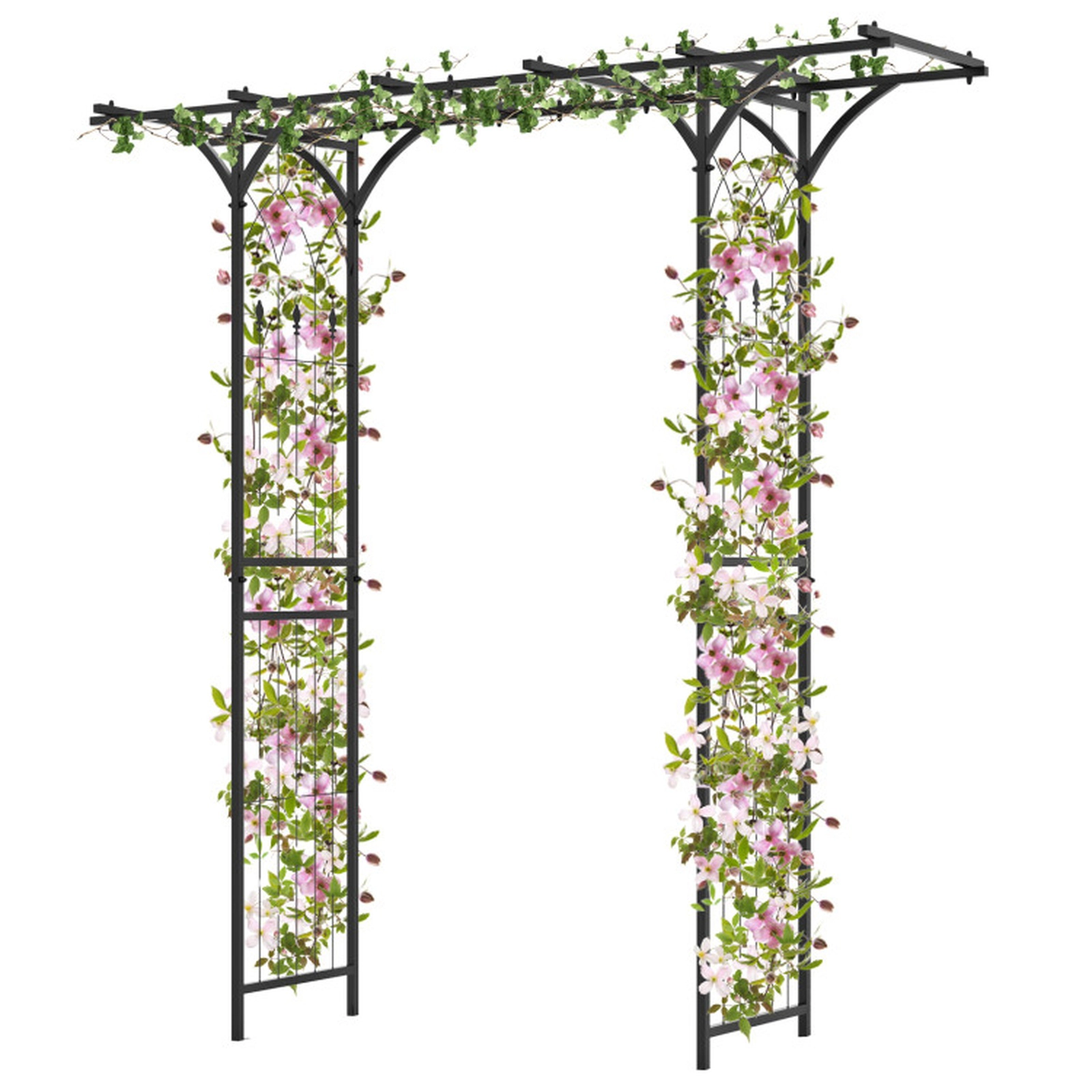SUGIFT 6.8-ft Black Metal Climbing Plant Garden Arbor Arch Trellis with Flat Roof and 4 Ground Stakes