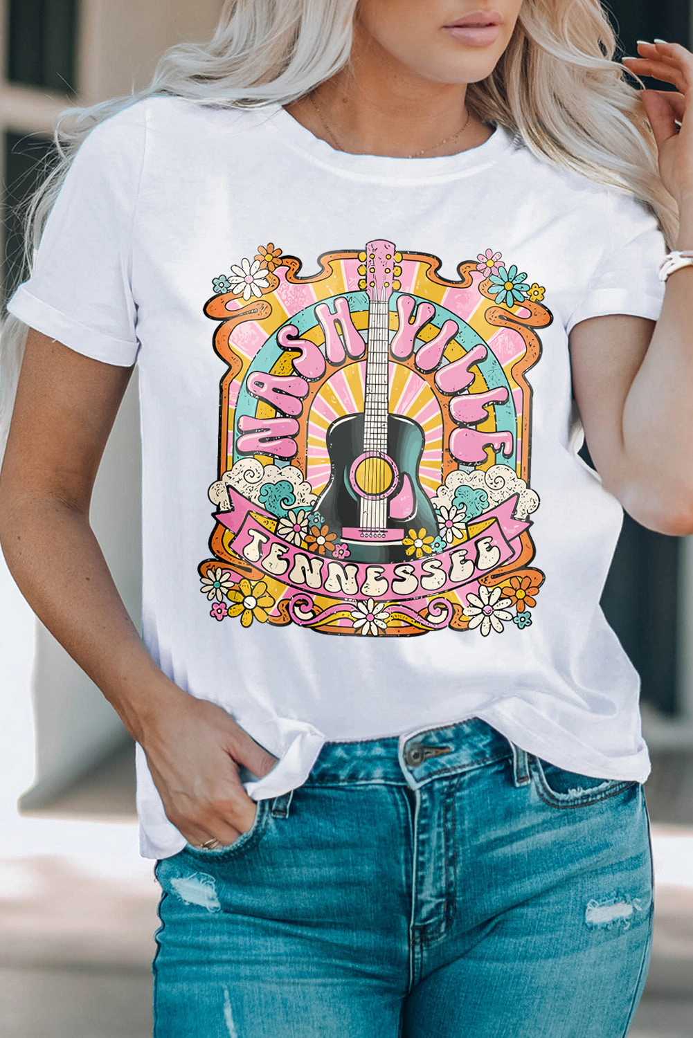Threaded Pear Womens Evelynn Country Music Graphic T-Shirt - White, Loose Fit