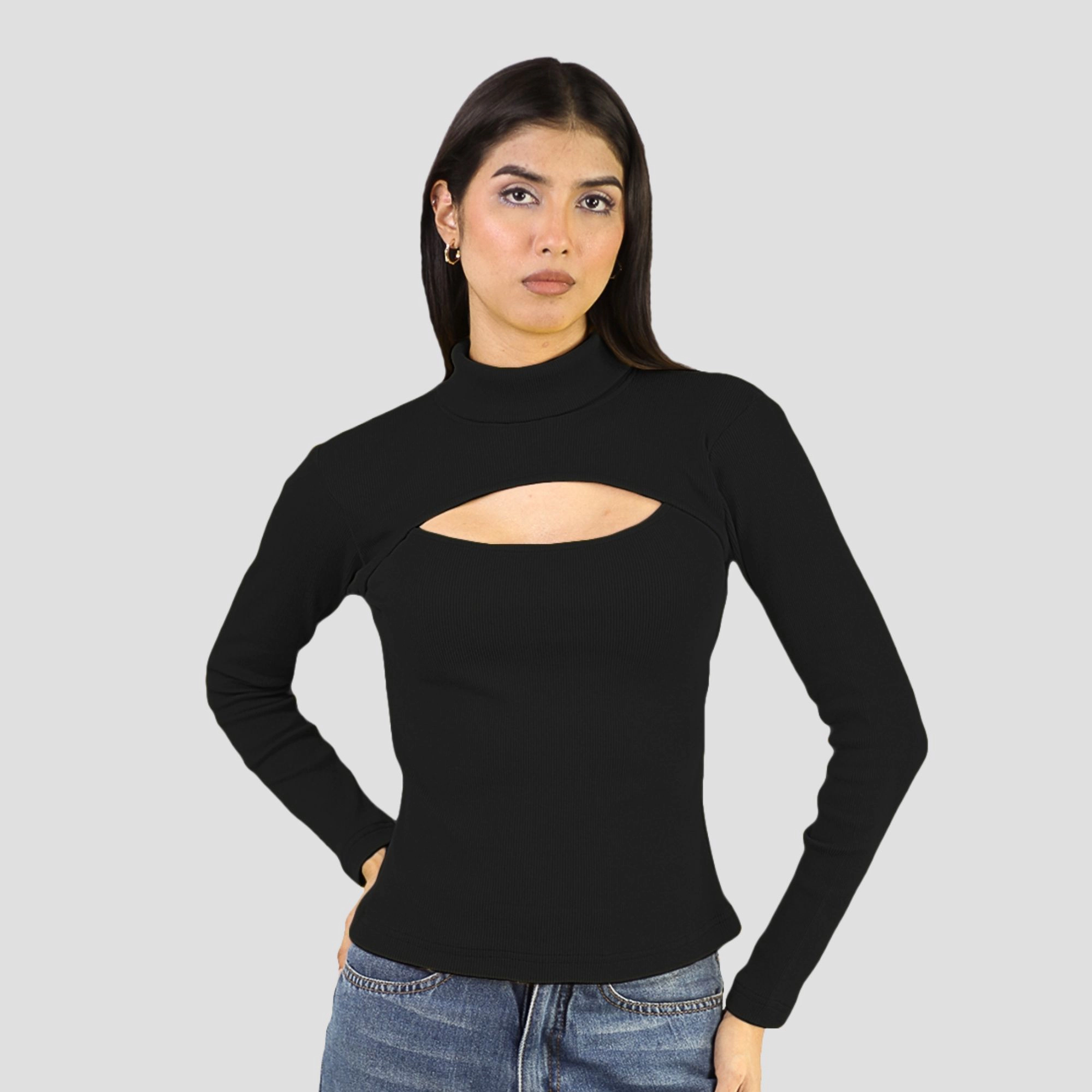 Artyska Women’s Ribbed High Neck Cutout Long Sleeve Top