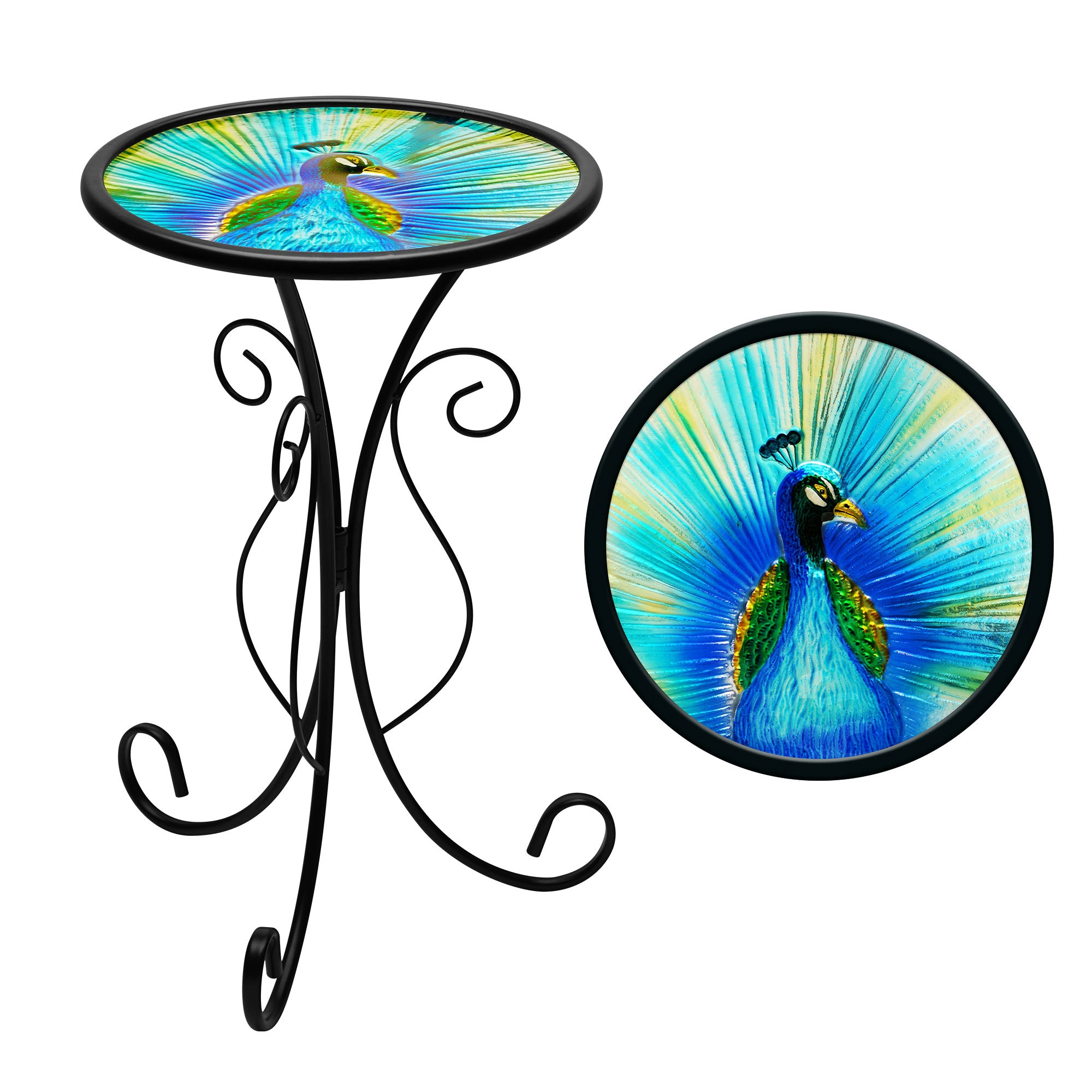G128 12 in Round Peacock Glass Outdoor Side Table - Foldable Metal Patio Plant Stand