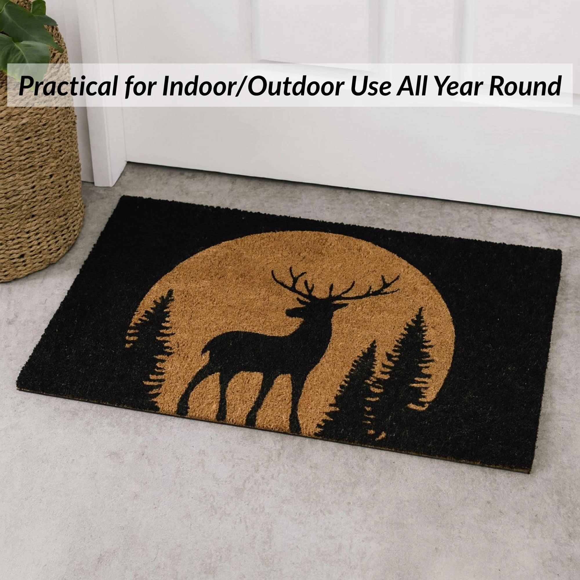 Evideco French Home Goods Natural and Black Reindeer Coir Doormat 30 x 18 Inches
