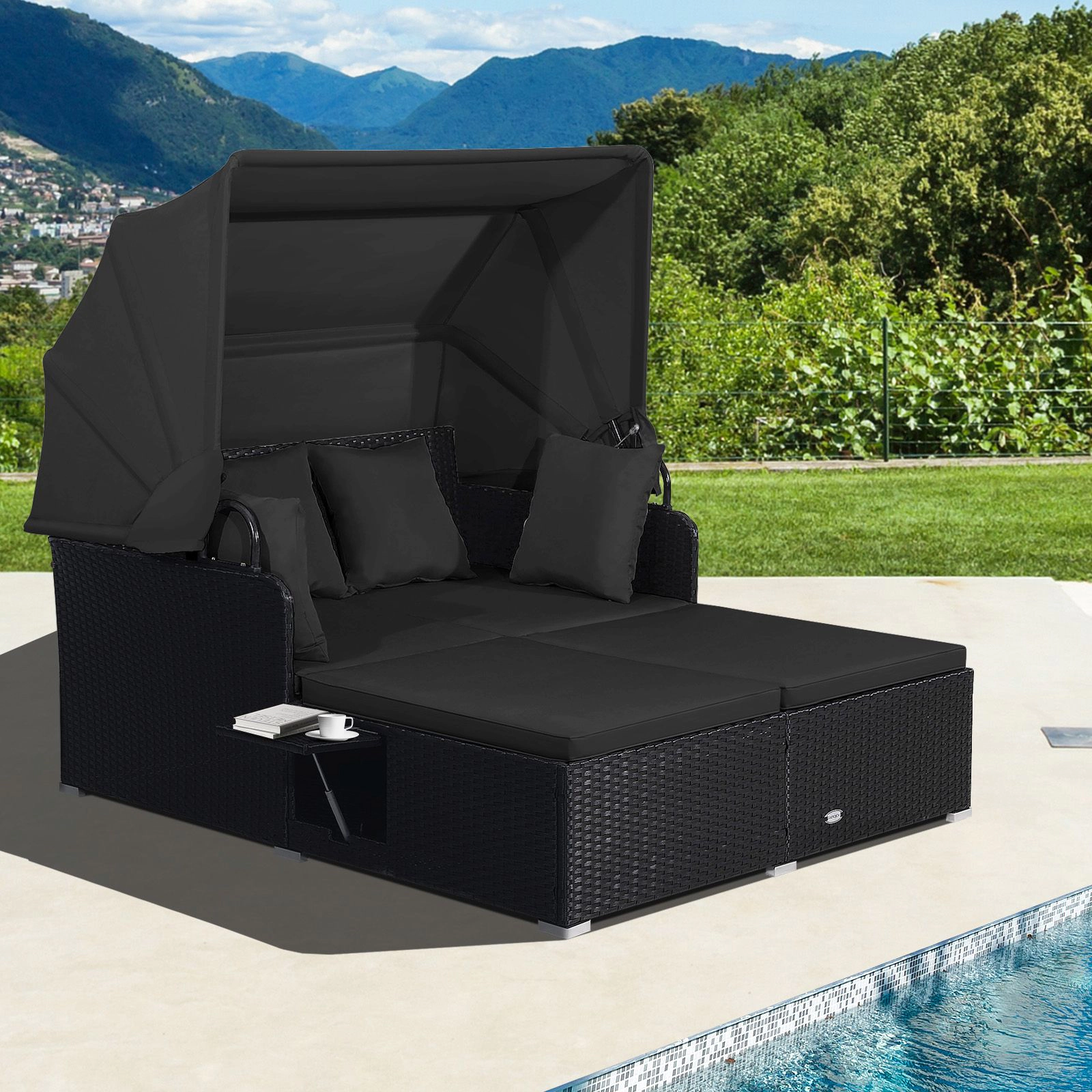 SlickBlue Outdoor Wicker Daybed with Retractable Canopy and Side Trays