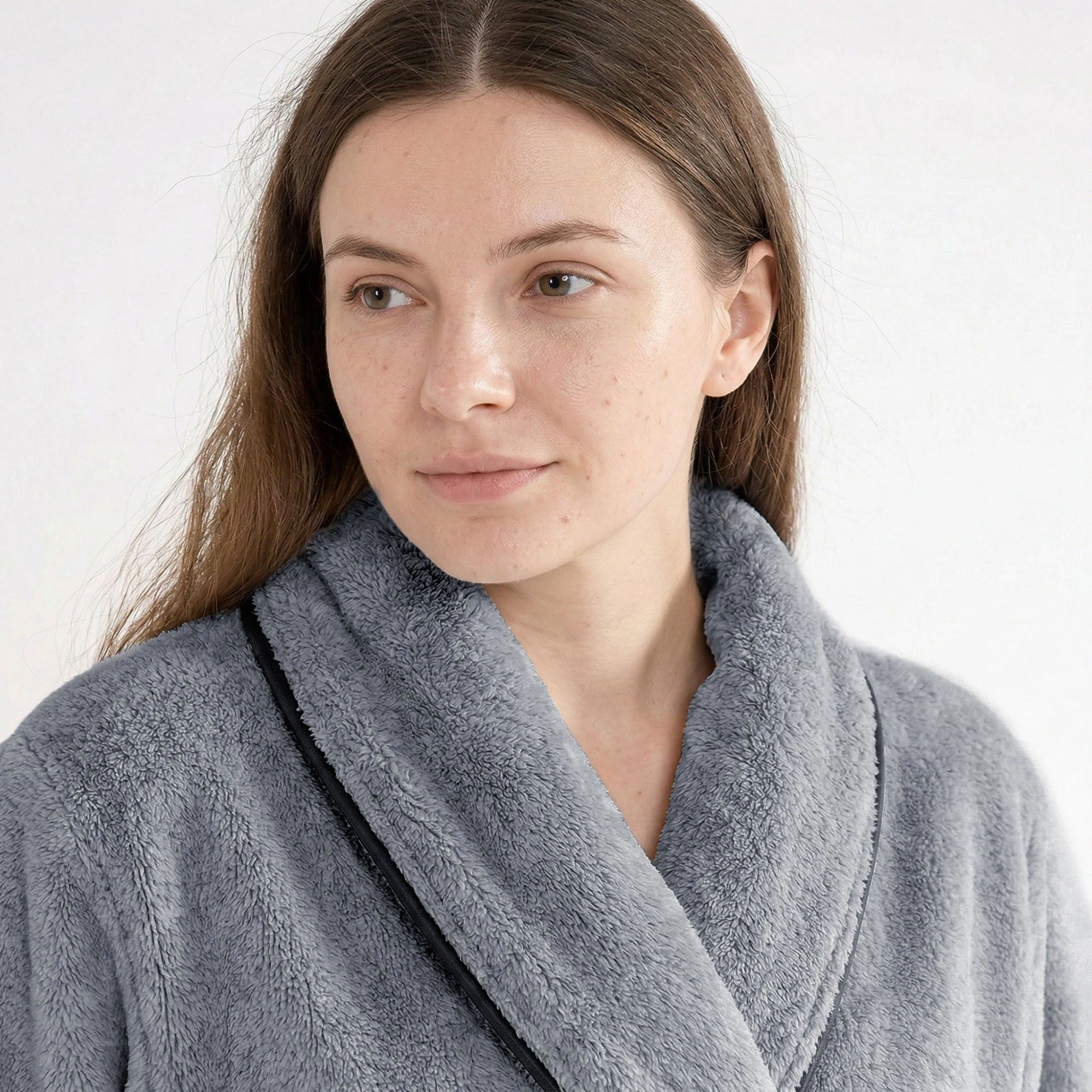 Anna-Kaci Women's Plush Long Sleeve Shawl Collar Bathrobe with Contrast Trim and Adjustable Waist Tie Belt