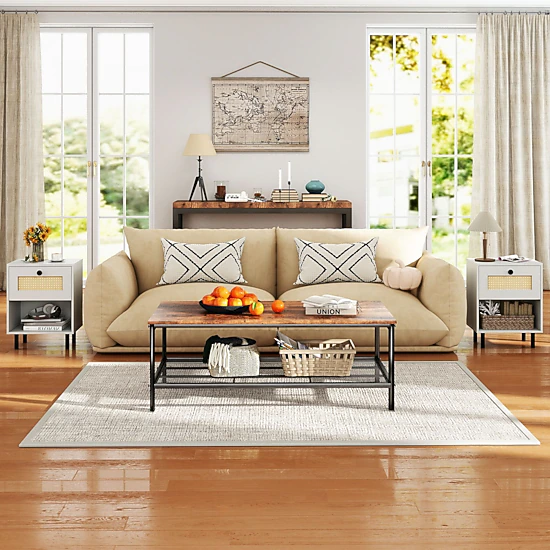 SlickBlue Rattan Accent Table with Storage Drawer & Open Shelf