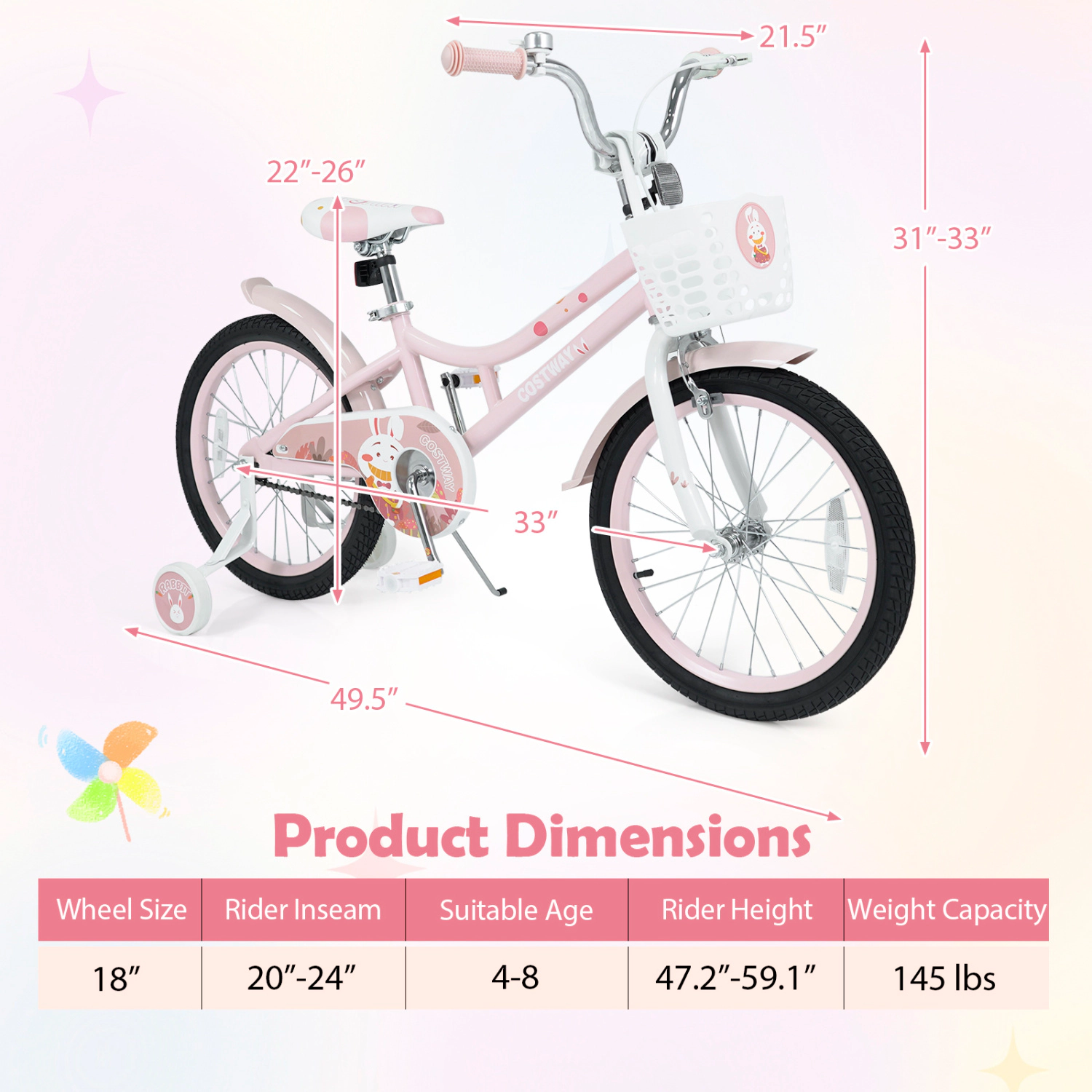 LJG 18 Inch Girl Bike with Basket Detachable Training Wheels for 4-8 Years Old