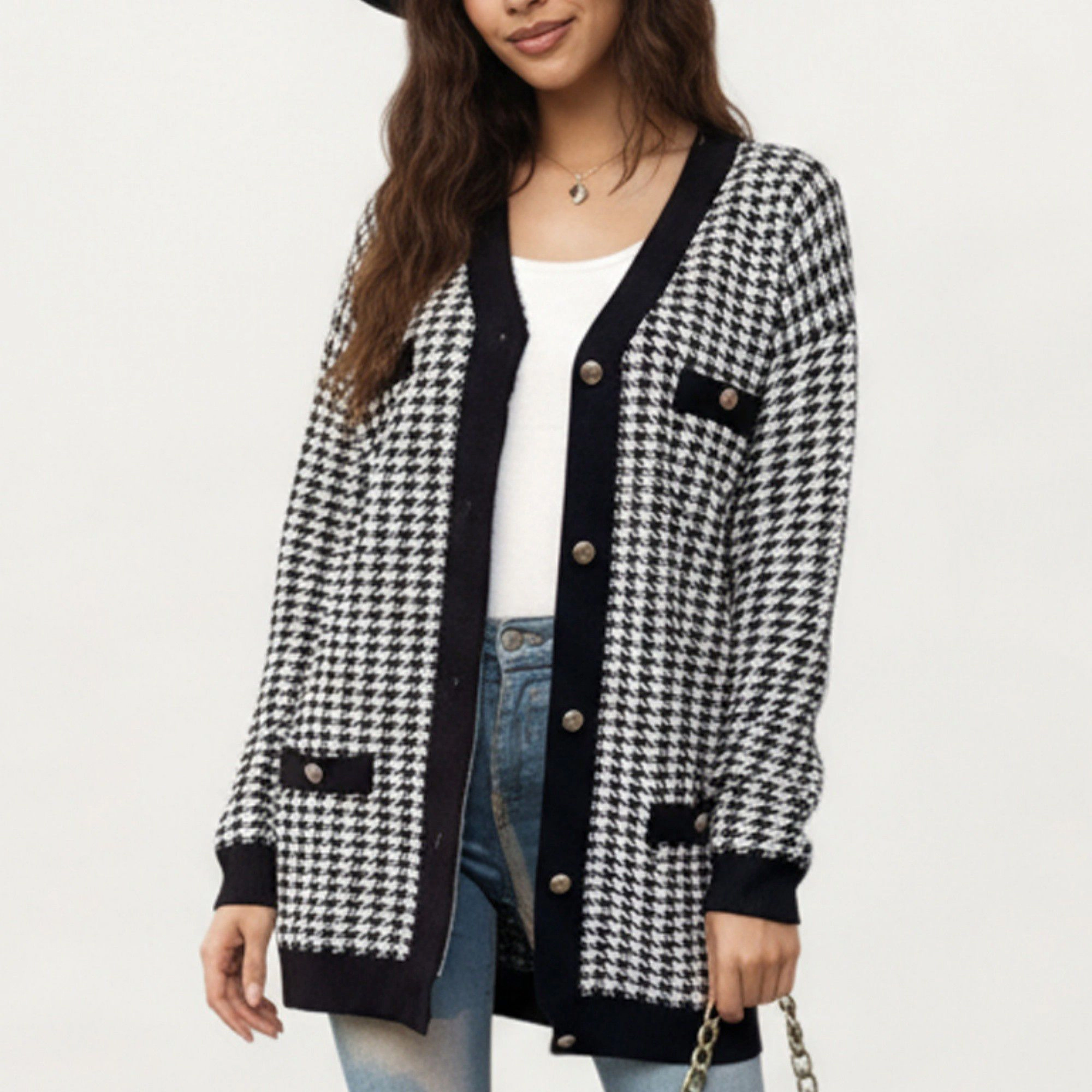 Anna-Kaci Women's Long Sleeve Houndstooth Knit Cardigan with Button Front and Pocket Detail
