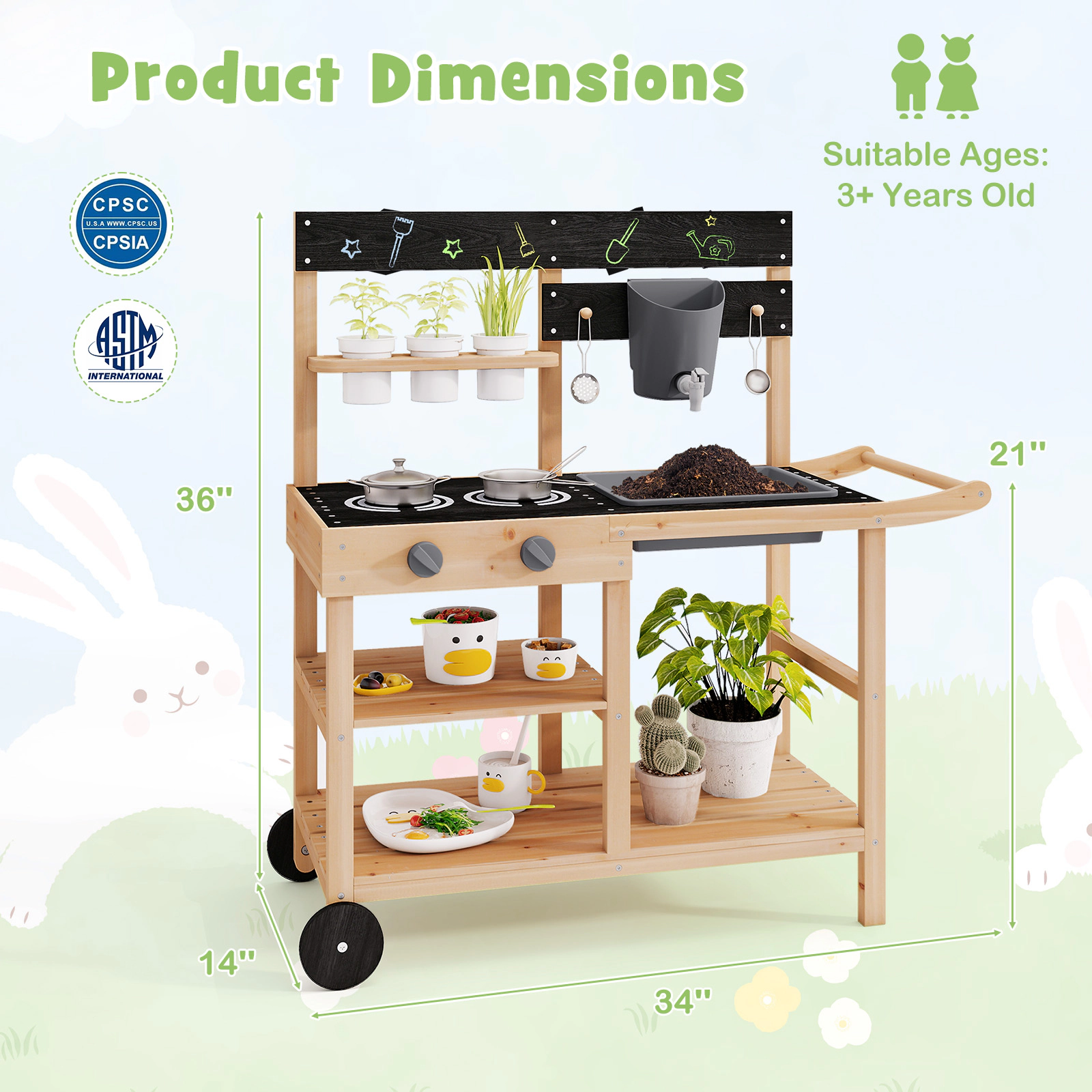 SUGIFT Natural Blackboard Planting Pots and Wheels Outdoor Kids Fir Wood Play Kitchen
