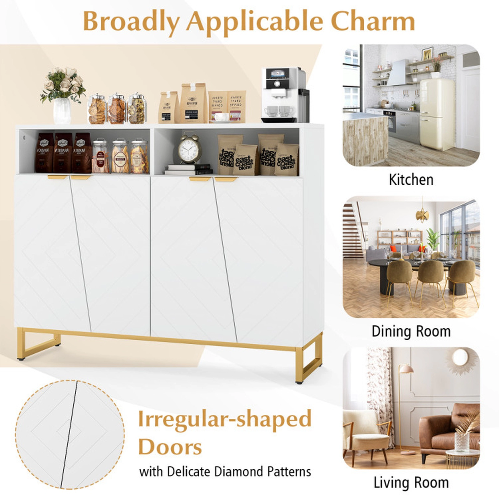 SUGIFT 4-Door Diamond Textured Gold Handles Modern Sideboard Cabinet 40-in x 12-in x 32-in 220-lb Capacity White