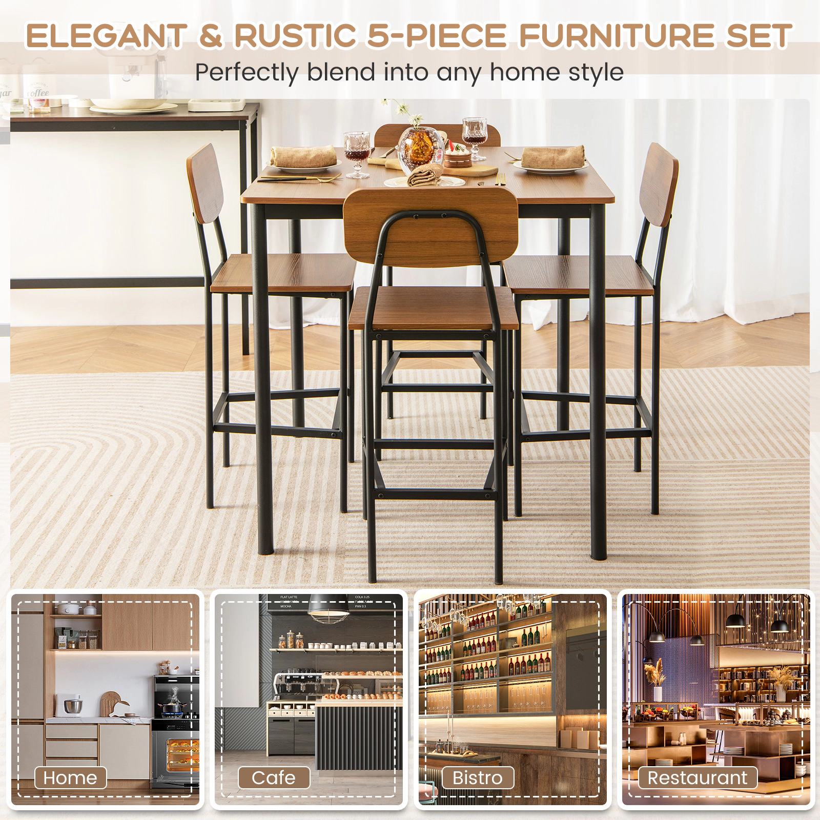 SUGIFT 5-Piece Industrial Counter-Height Dining Set with 36-in Square Top and 4 Bar Stools 300-lb Capacity Walnut