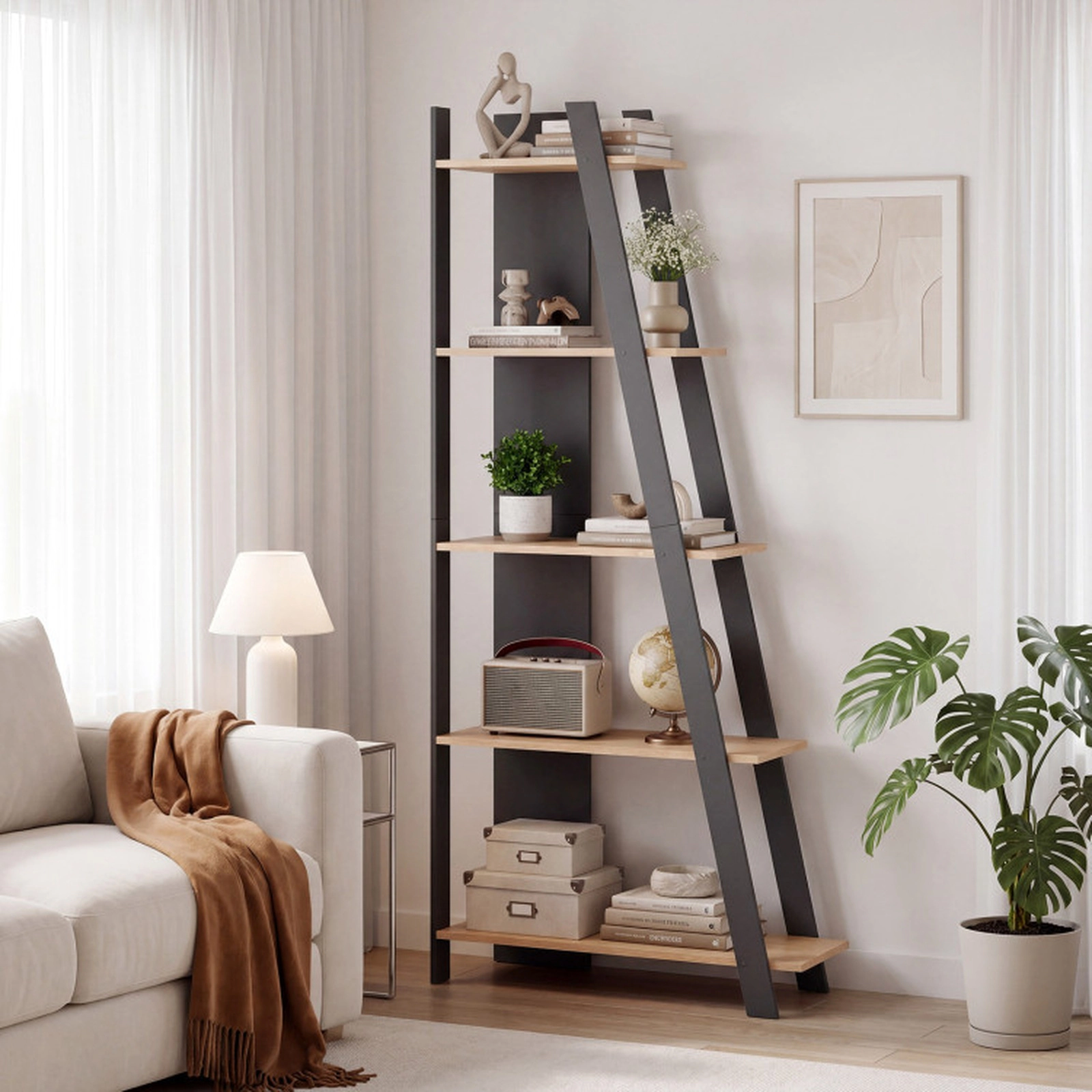 SUGIFT 5-Tier Modern Narrow Vertical Bookshelf 254-lb Total Capacity Engineered Wood 36-in Wide Gray + Natural/White