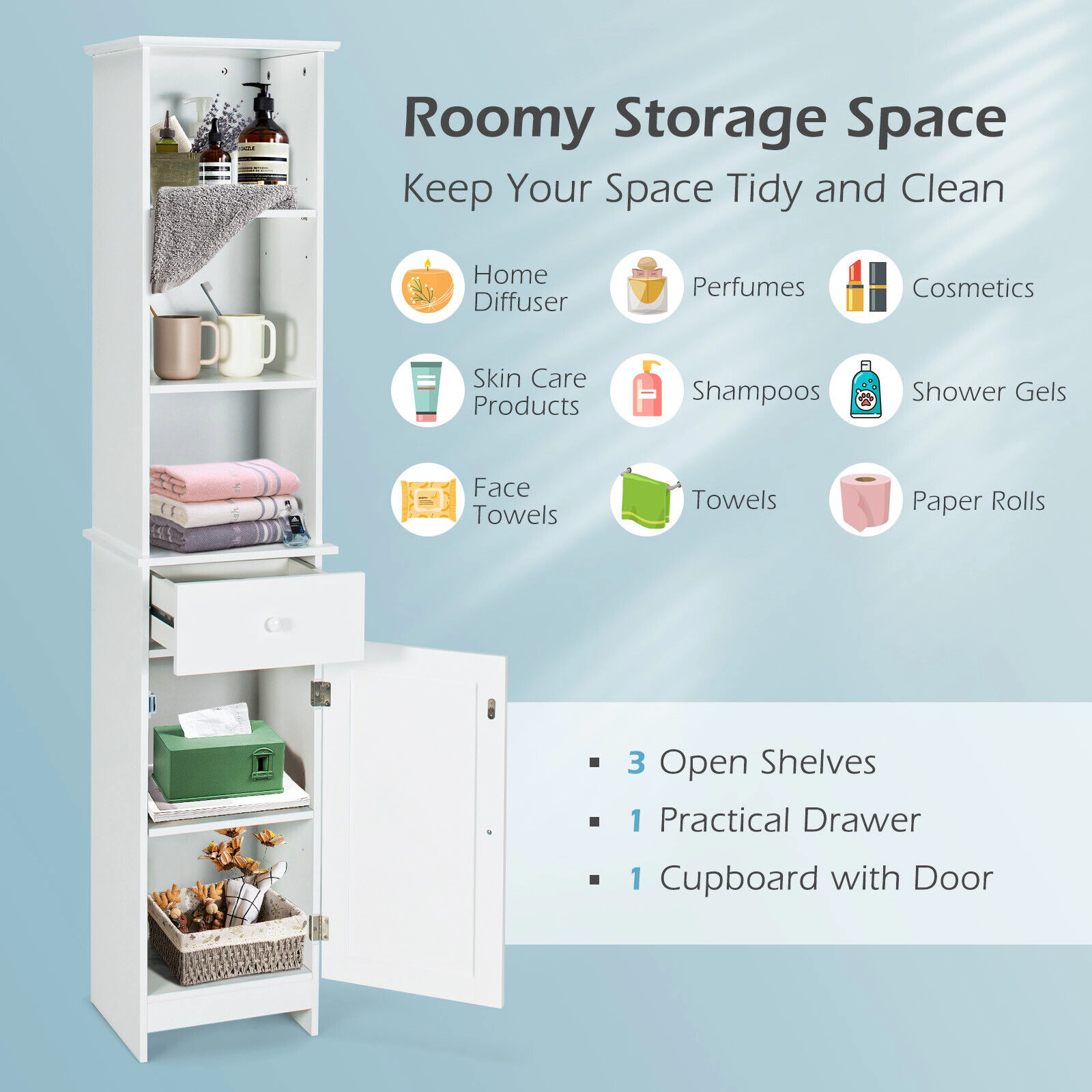 Slickblue Tall Bathroom Storage Cabinet White MDF Entryway Laundry Bathroom Drawer Shelves