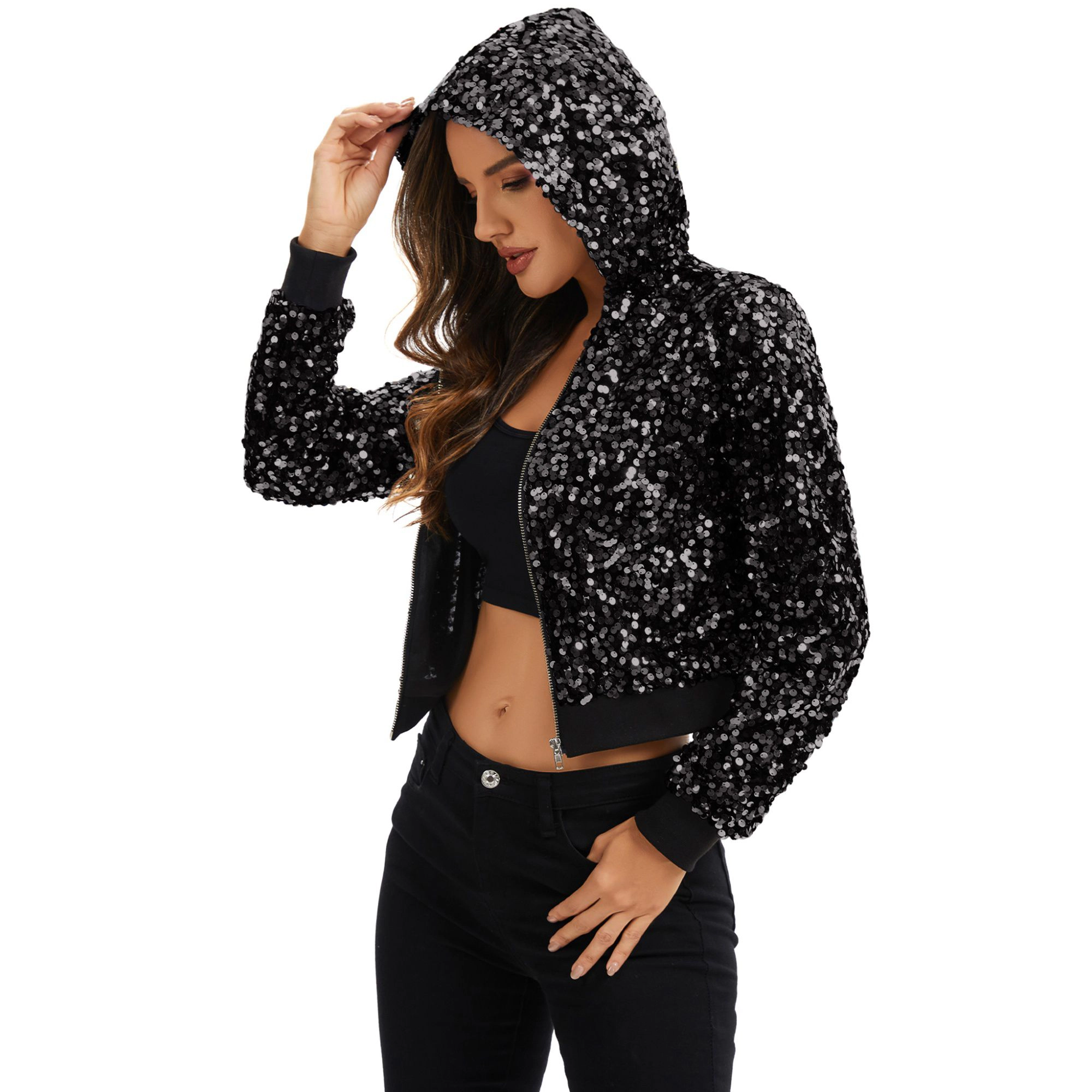 Anna-Kaci Women's Sequin Zip-Up Hooded Jacket with Ribbed Hem and Long Sleeves
